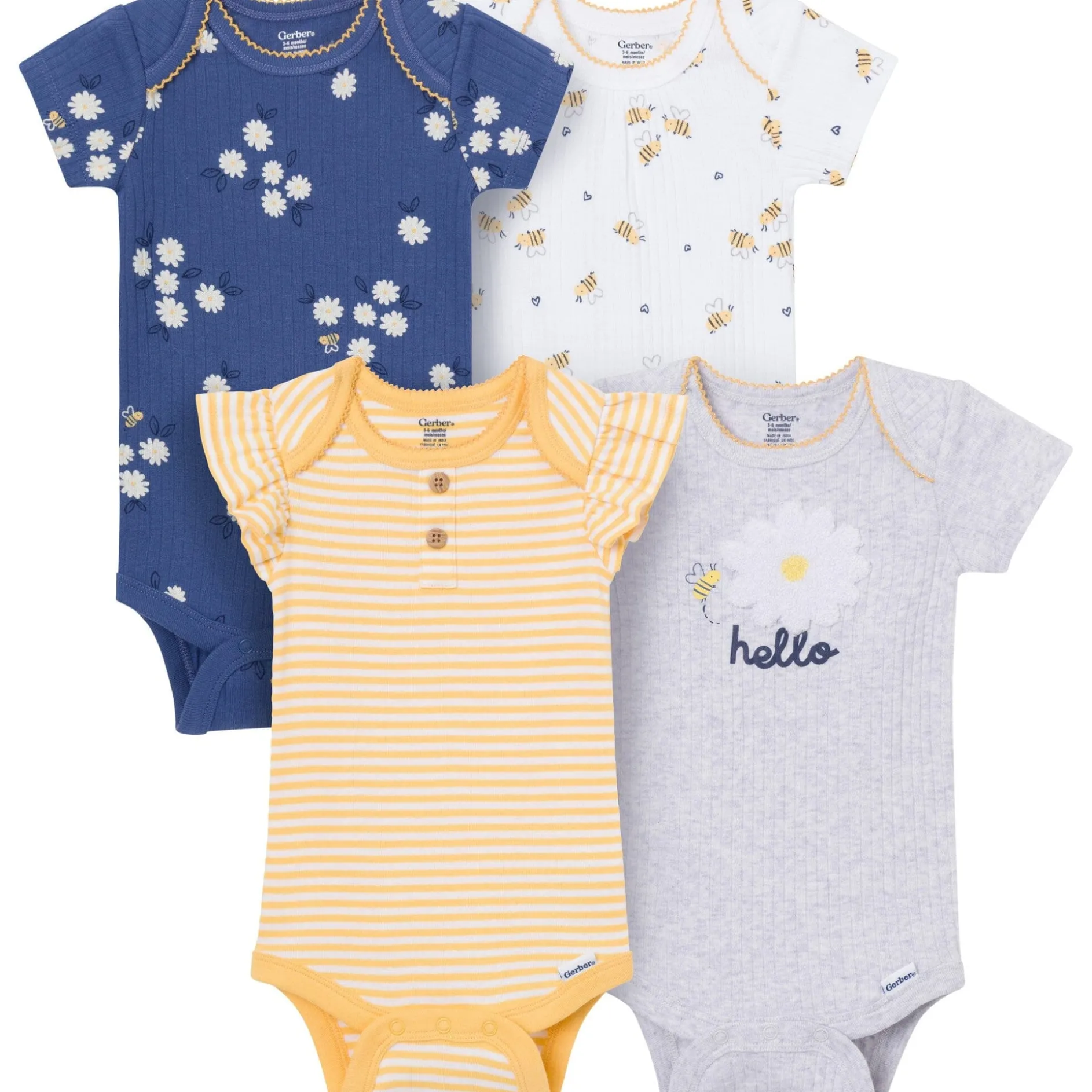 4-Pack Baby Girls Bee Flower Garden Short Sleeve Bodysuits