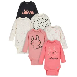 6-Pack Baby Girls Bunny Long Sleeve Onesies® Brand Bodysuits