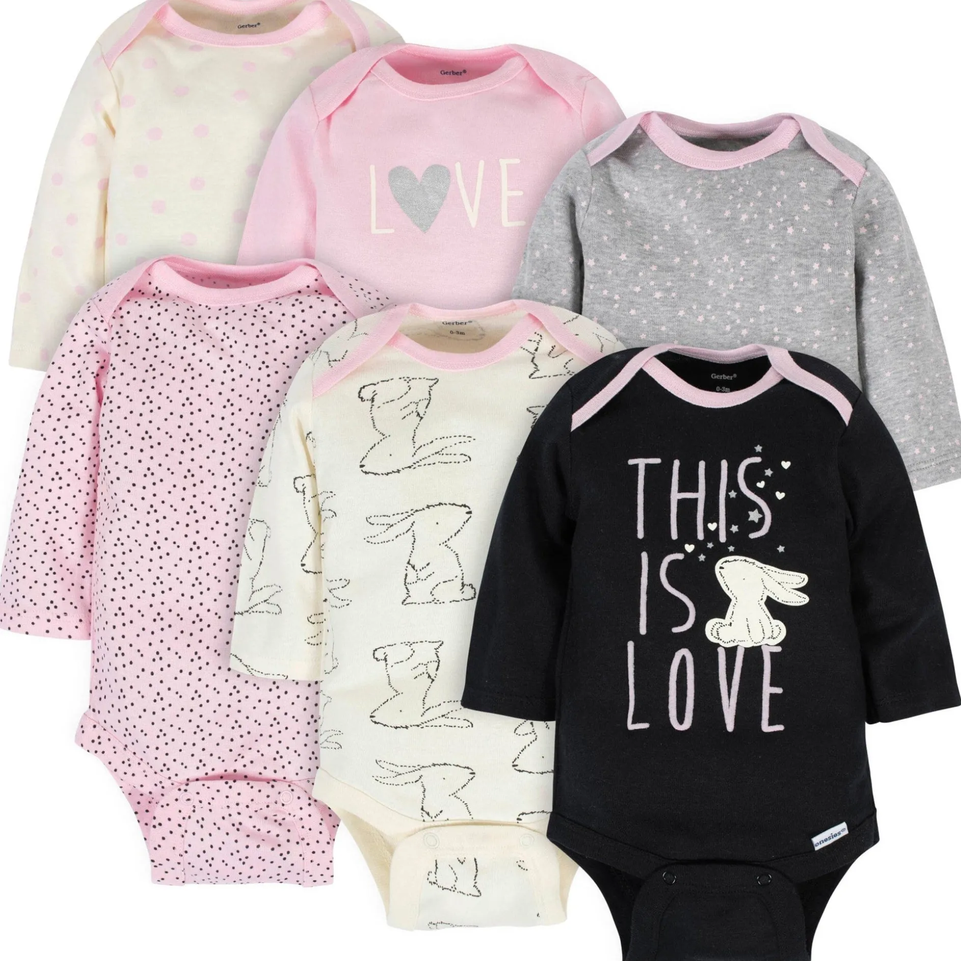 6-Pack Baby Girls Bunny Long Sleeve Onesies® Bodysuits