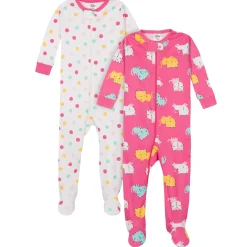 2-Pack Baby Girls Cats Snug Fit Footed Cotton Pajamas, 0-3M