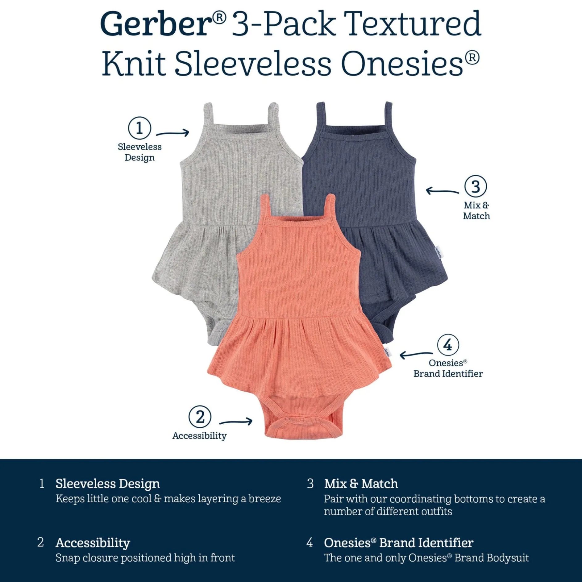 3-Pack Baby Girls Coral, Gray, & Navy Sleeveless Skirted Onesies® Bodysuits