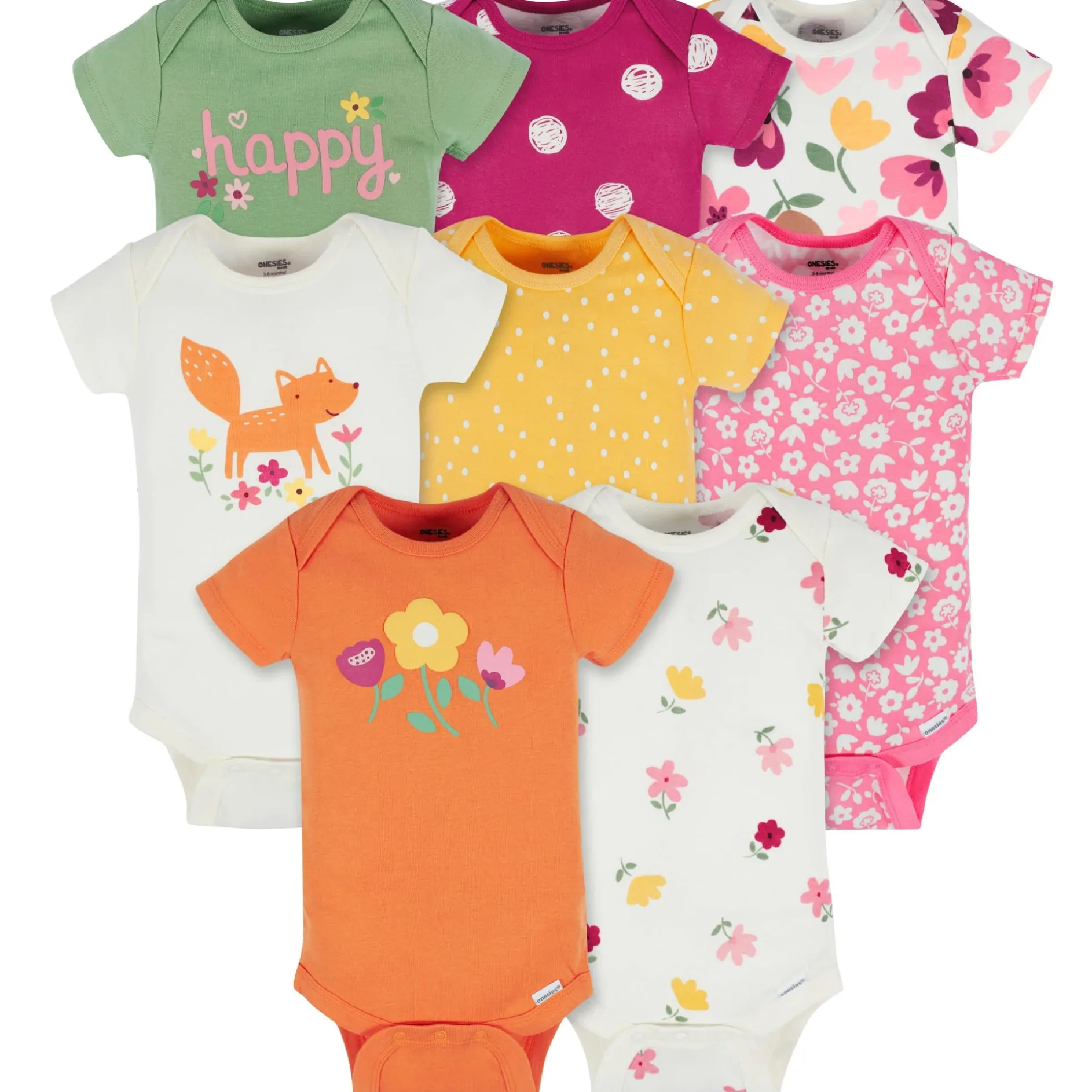 8-Pack Baby Girls Floral Fox Short Sleeve Onesies® Bodysuits