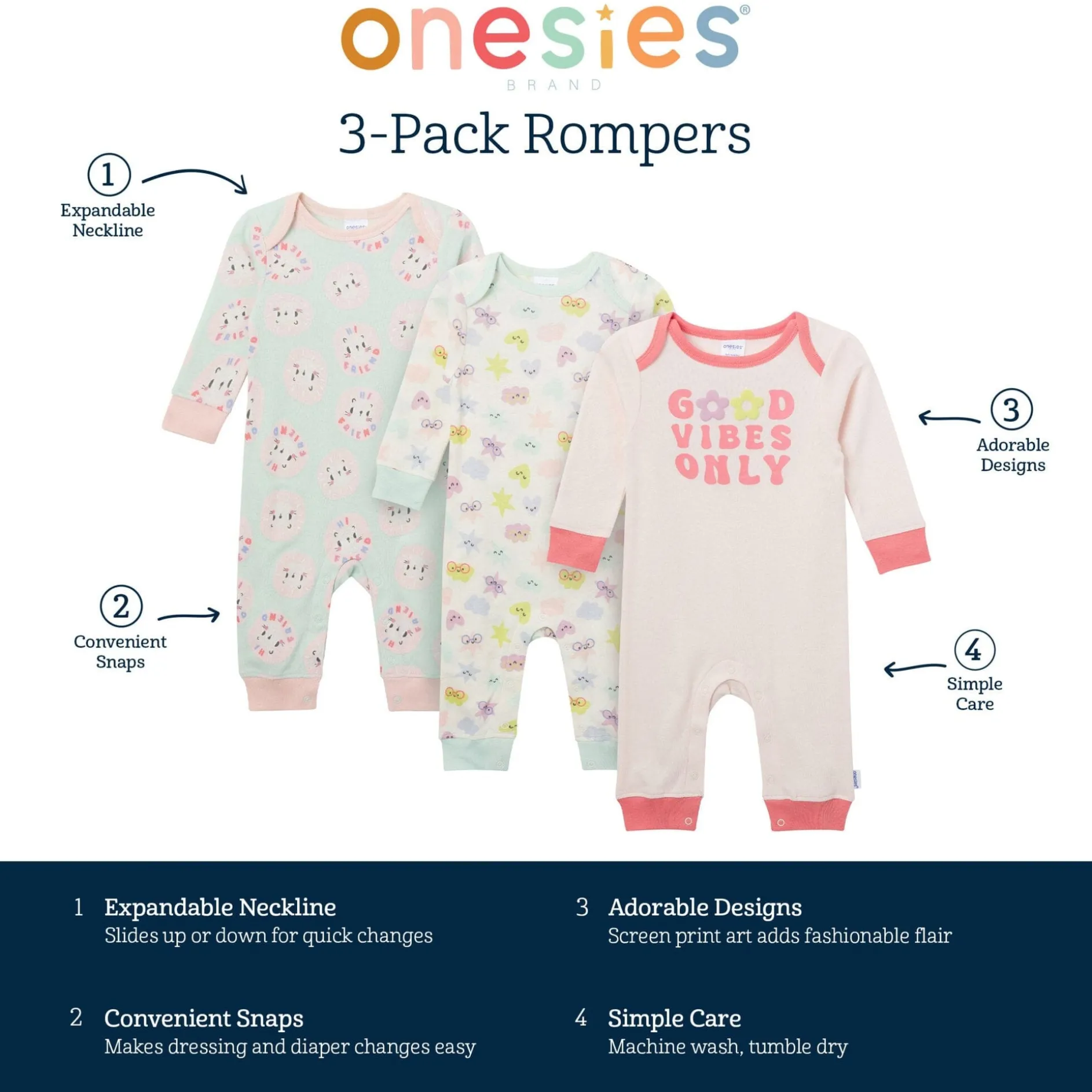 3-Pack Baby Girls Good Vibes Lap Shoulder Rompers