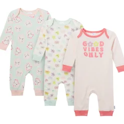 3-Pack Baby Girls Good Vibes Lap Shoulder Rompers