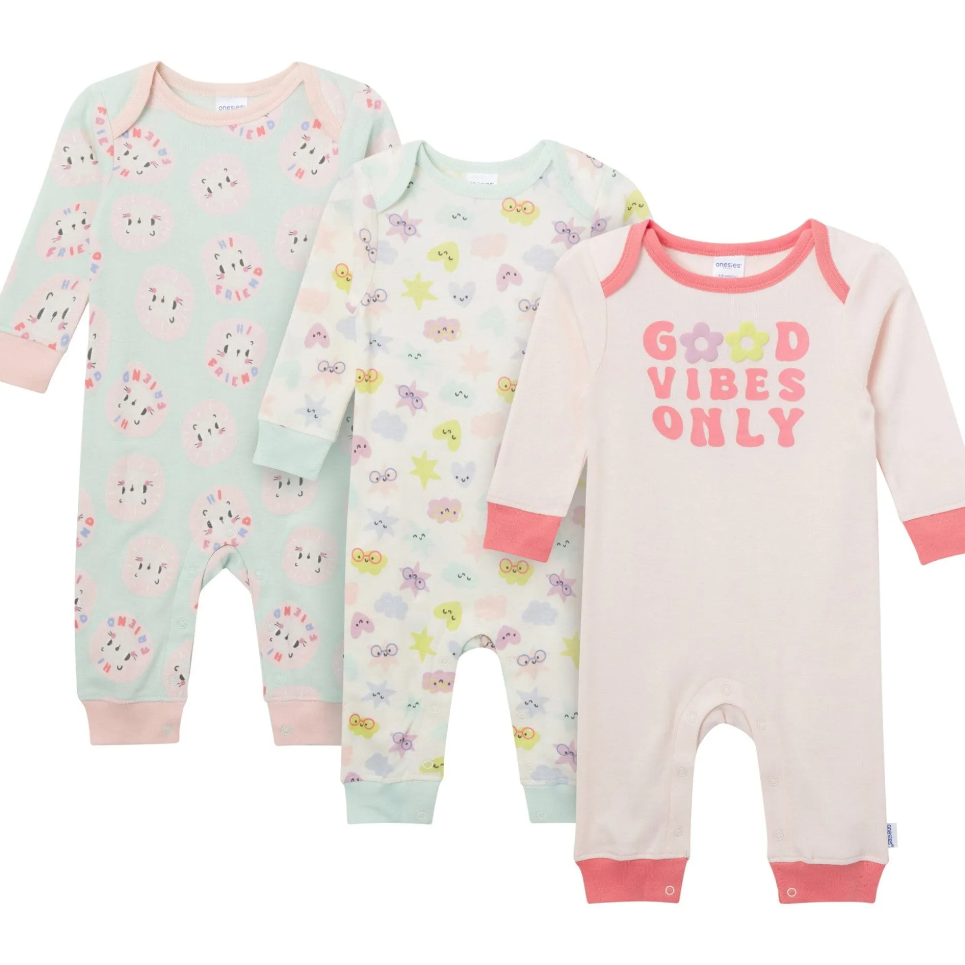 3-Pack Baby Girls Good Vibes Lap Shoulder Rompers
