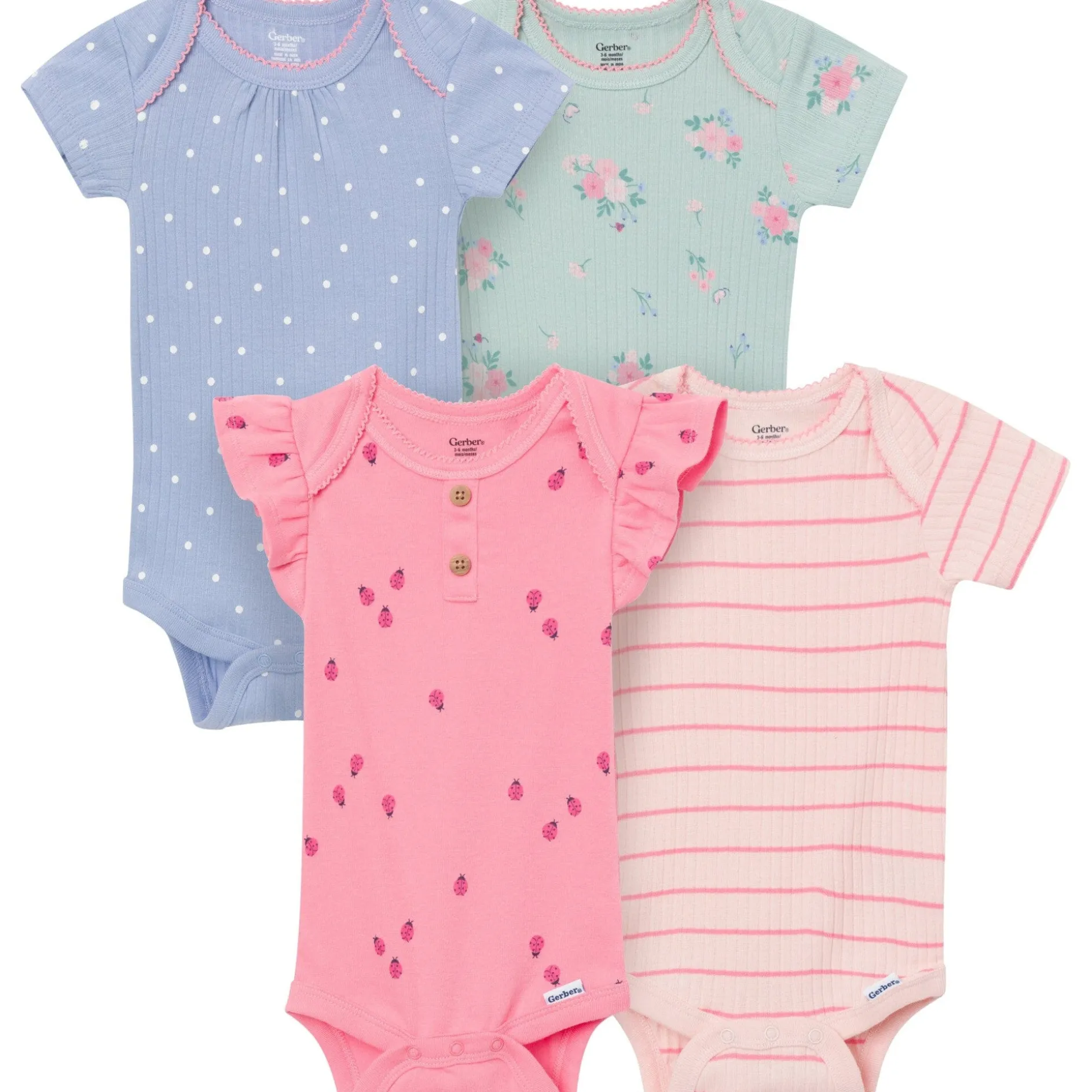 4-Pack Baby Girls Ladybug Pink Short Sleeve Bodysuits