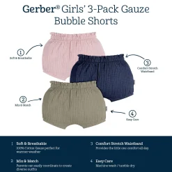 3-Pack Baby Girls Pink, Navy, & Olive Gauze Bubble Shorts