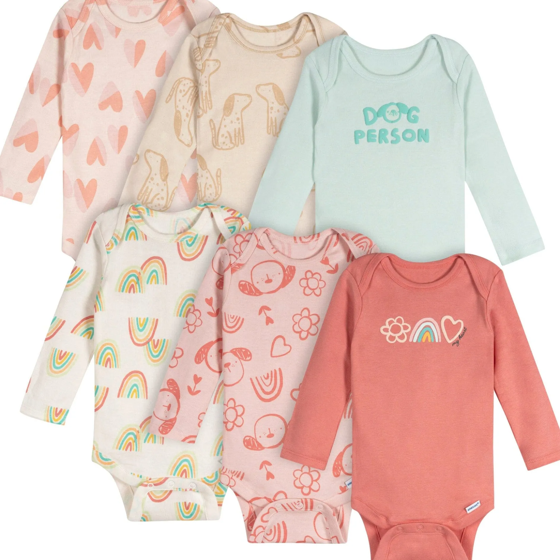 6-Pack Baby Girls Puppies Long Sleeve Onesies® Bodysuits