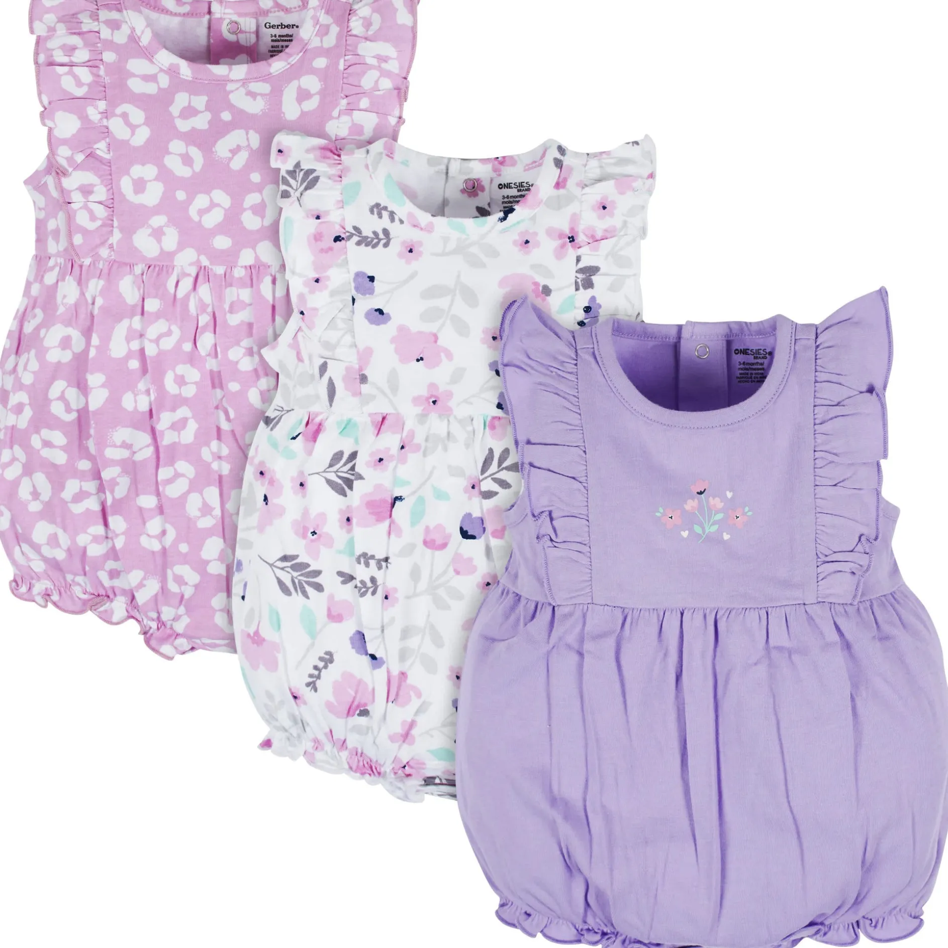 3-Pack Baby Girls Rainbow Floral Rompers