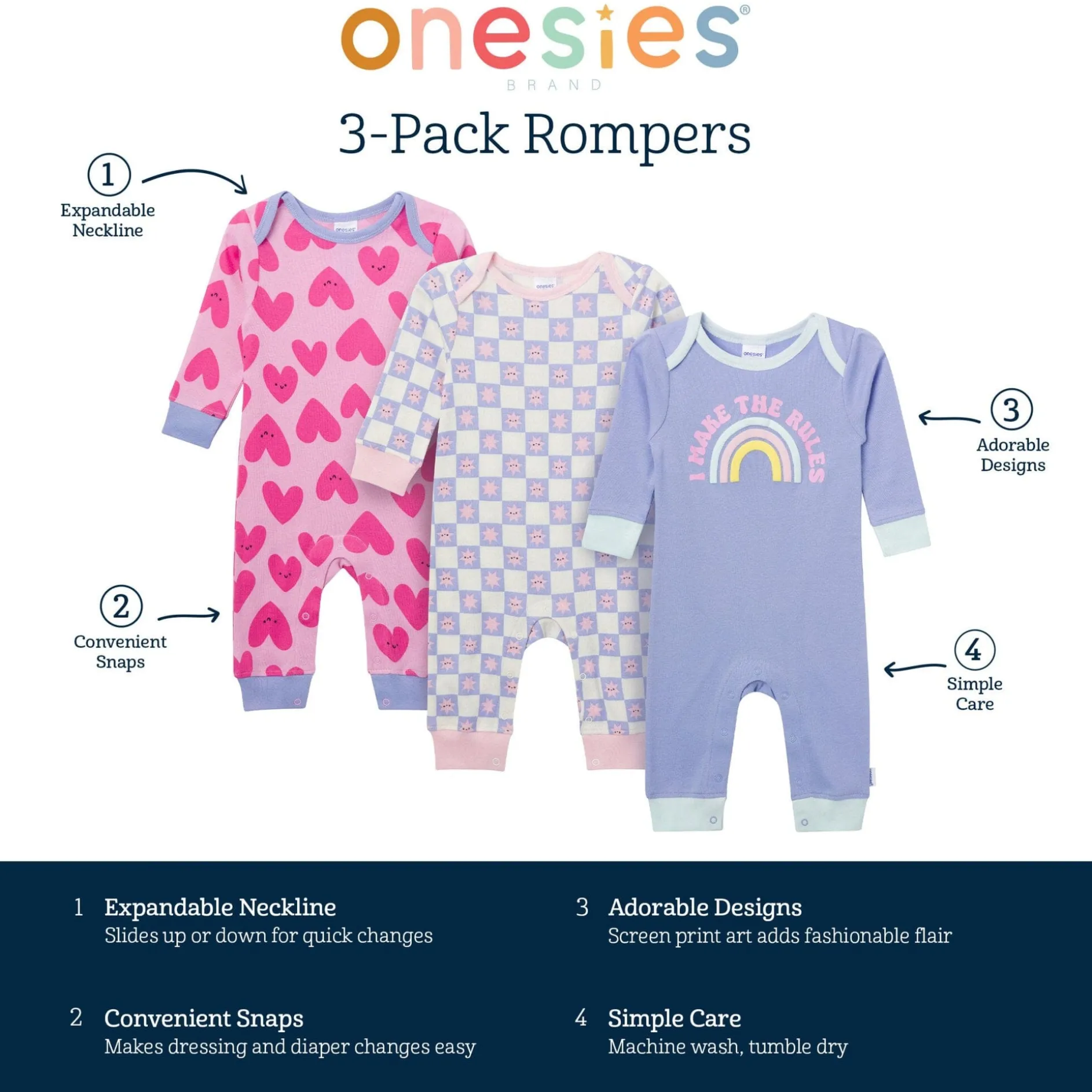 3-Pack Baby Girls Rainbows and Hearts Lap Shoulder Rompers