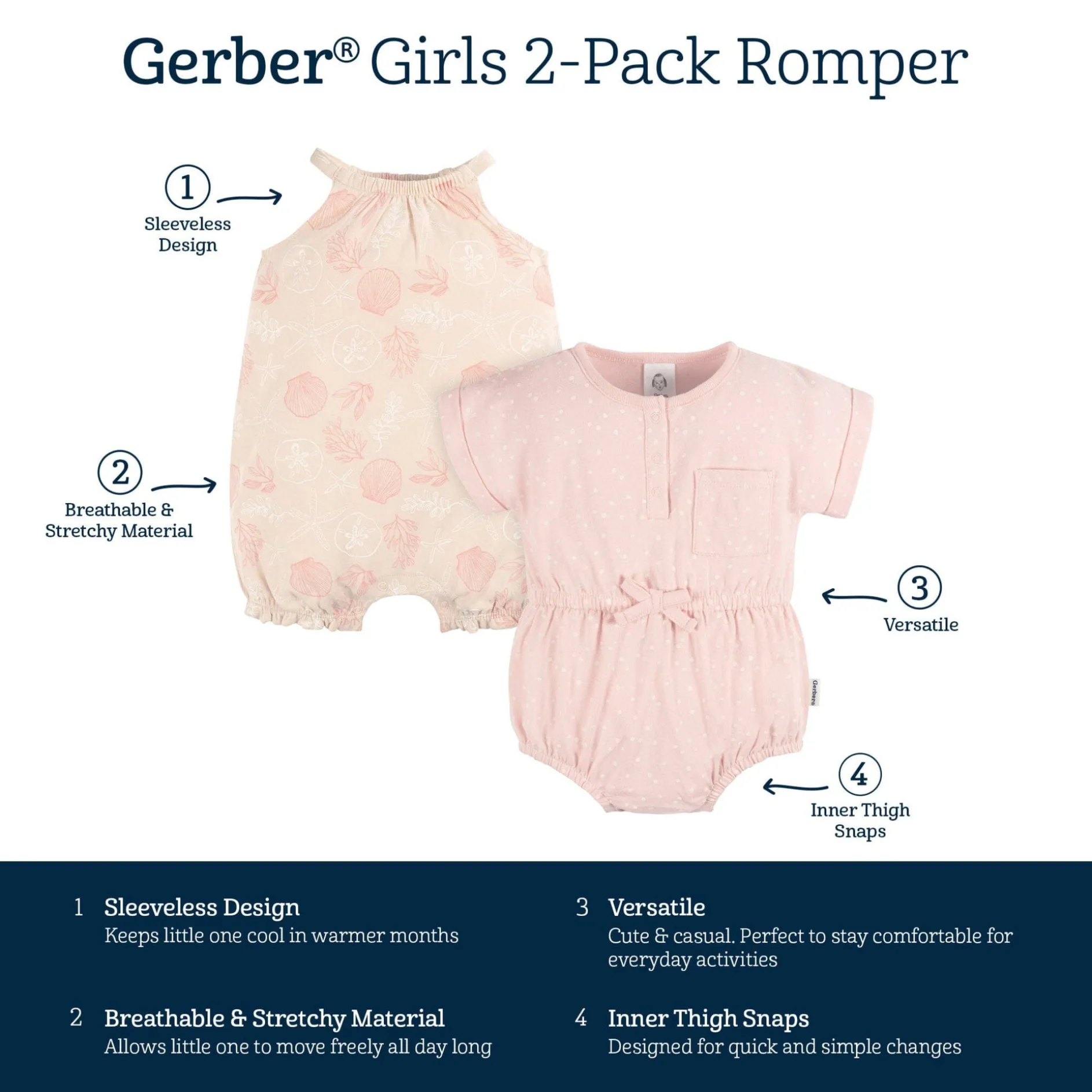 2-Pack Baby Girls Seashells Rompers