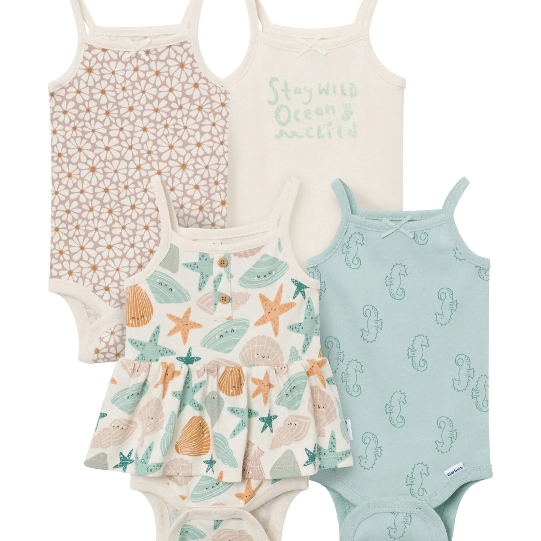 4-Pack Baby Girls Shells Sleeveless Bodysuits