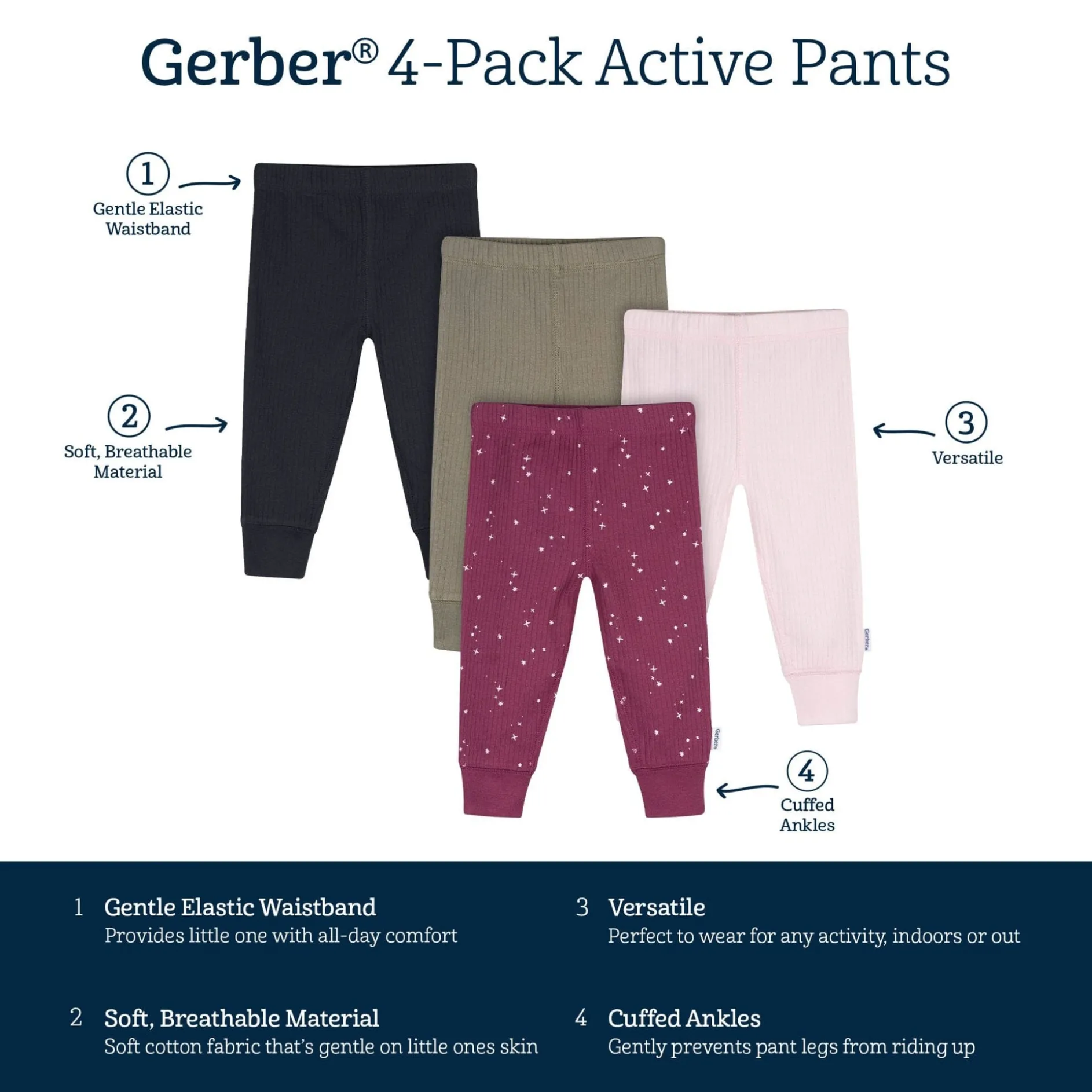 4-Pack Baby Girls Stars Active Pants