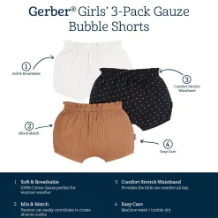 3-Pack Baby Girls White, Black Dot, & Brown Gauze Bubble Shorts