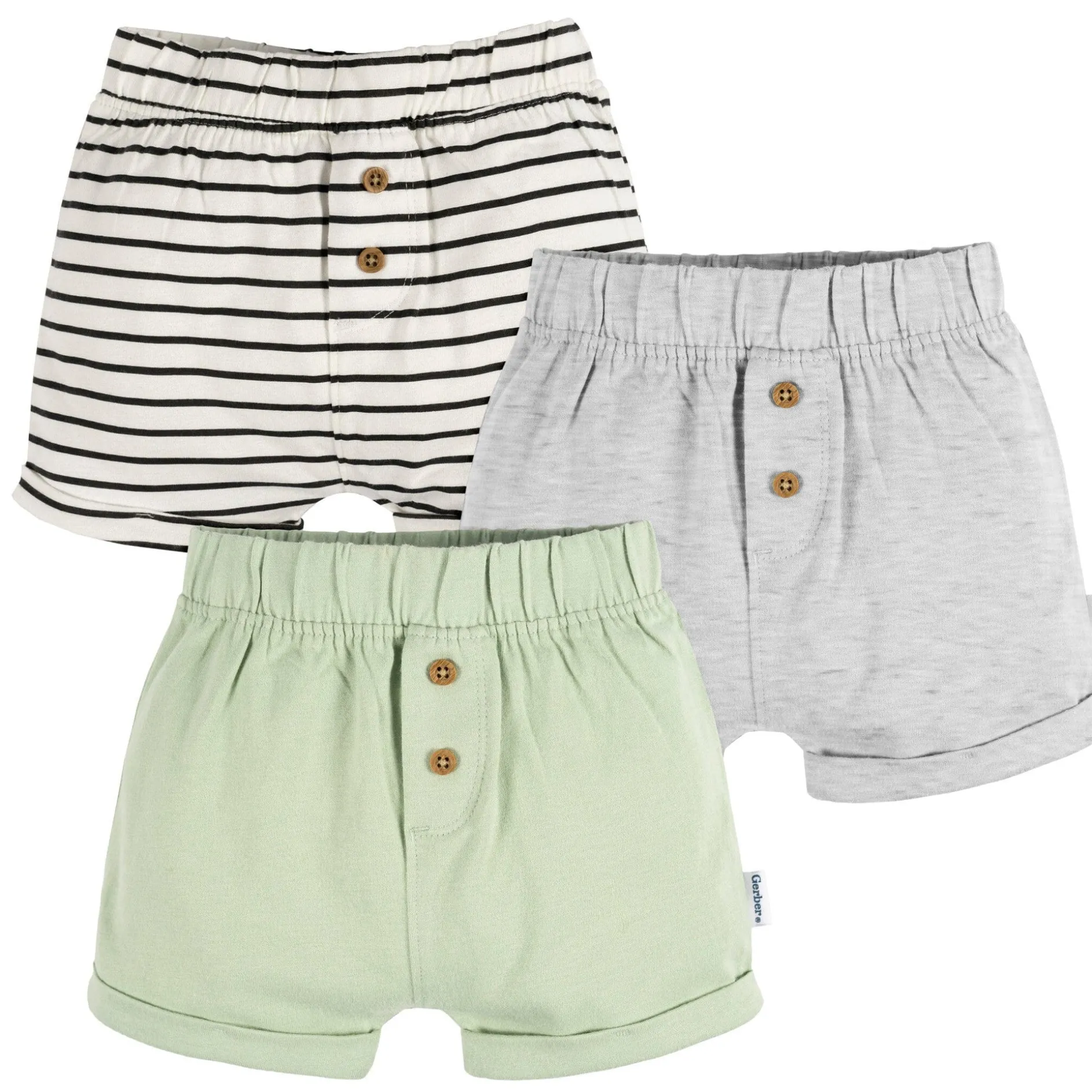 3-Pack Baby Neutral Black Stripe, Light Grey Heather, & Green Knit Shorts
