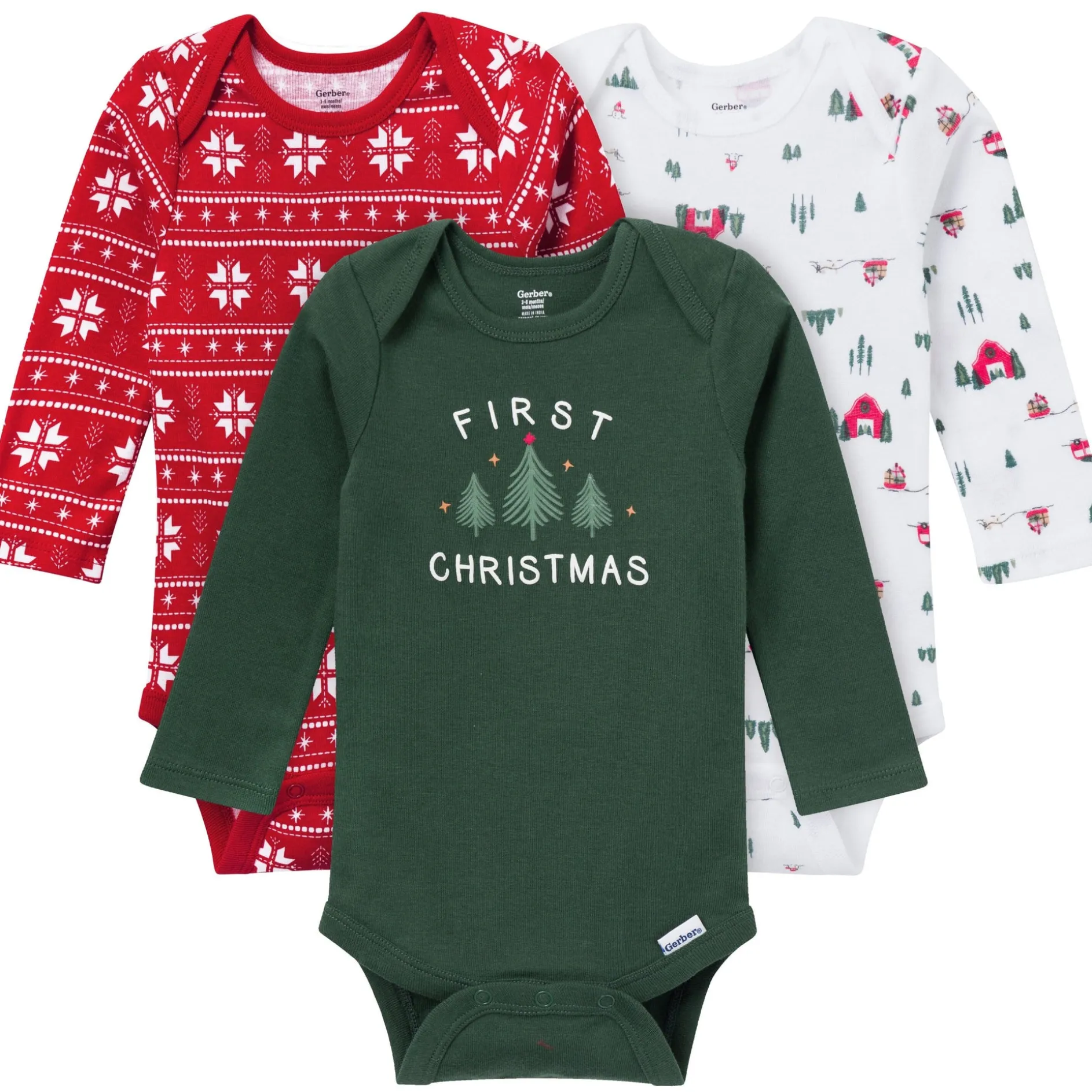 3-Pack Baby Neutral First Christmas Long Sleeve Onesies® Bodysuits