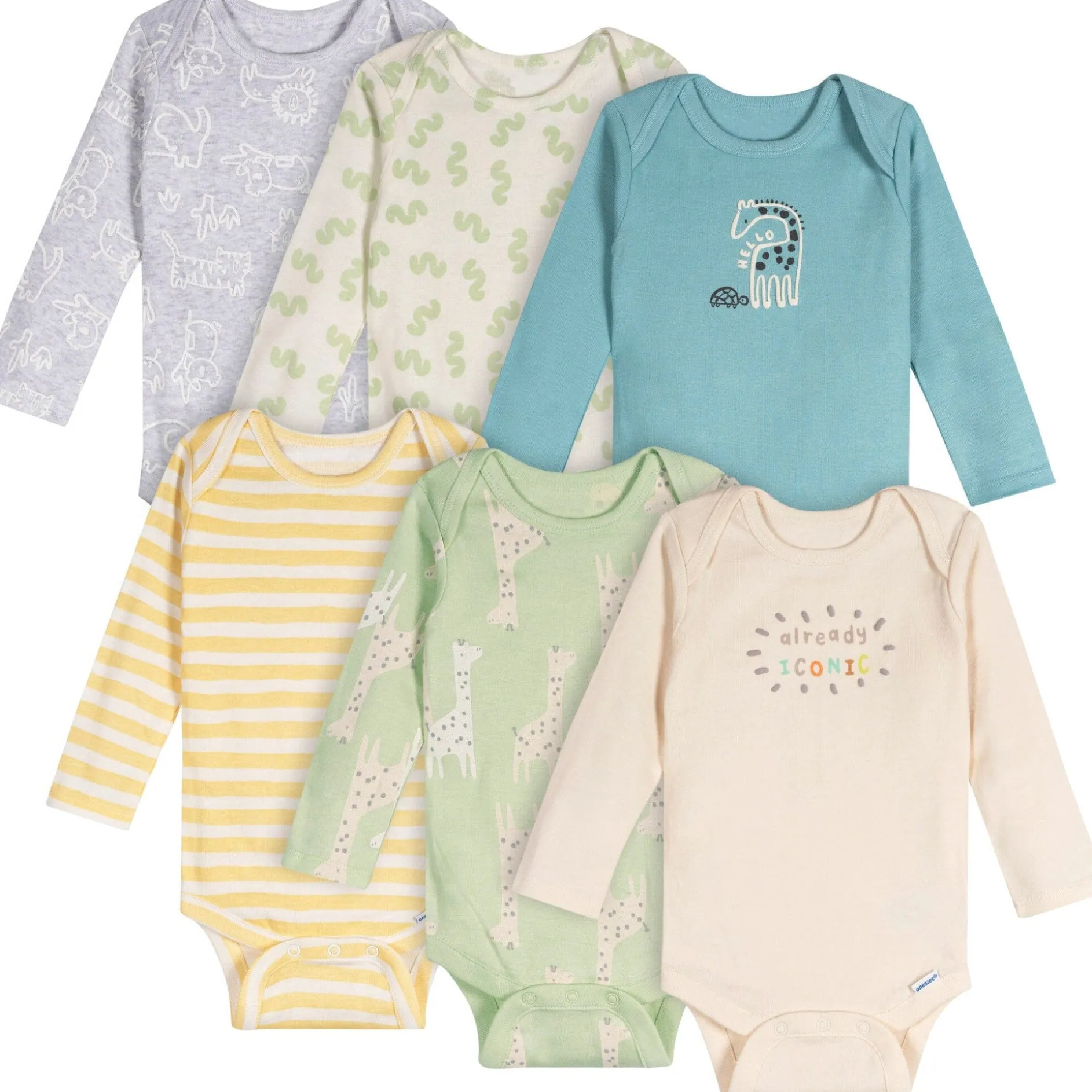 6-Pack Baby Neutral Giraffes Long Sleeve Onesies® Bodysuits
