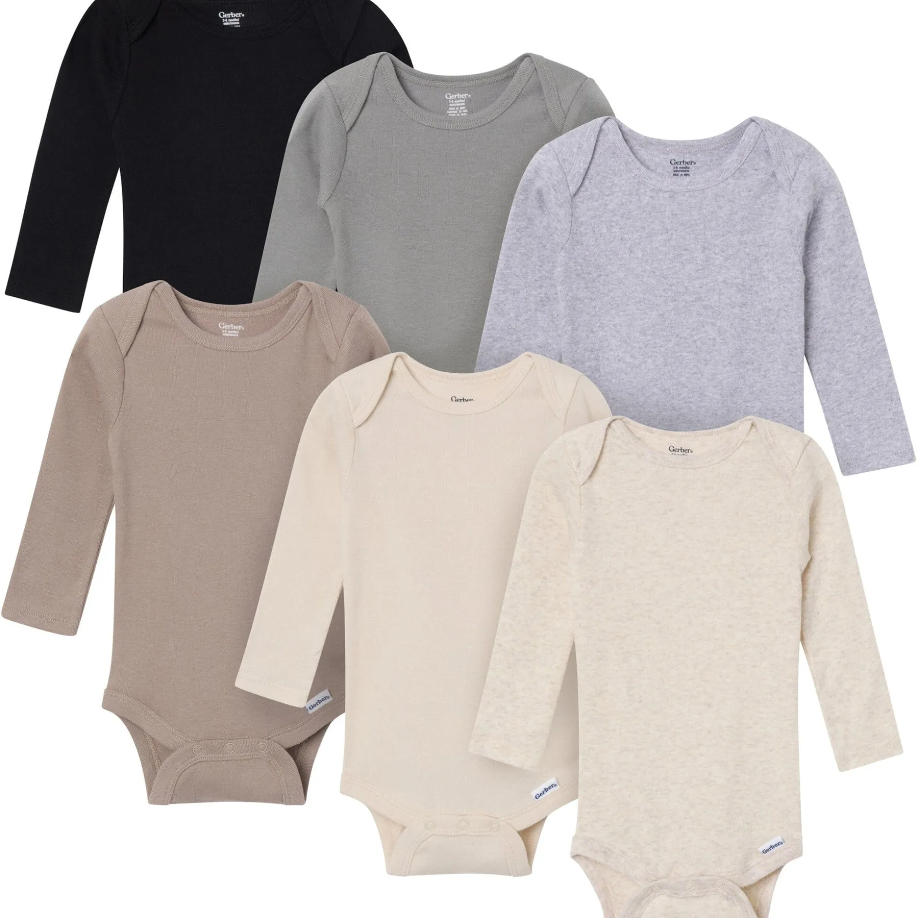 6-Pack Baby Neutral Gray, Black and Brown Long Sleeve Bodysuits