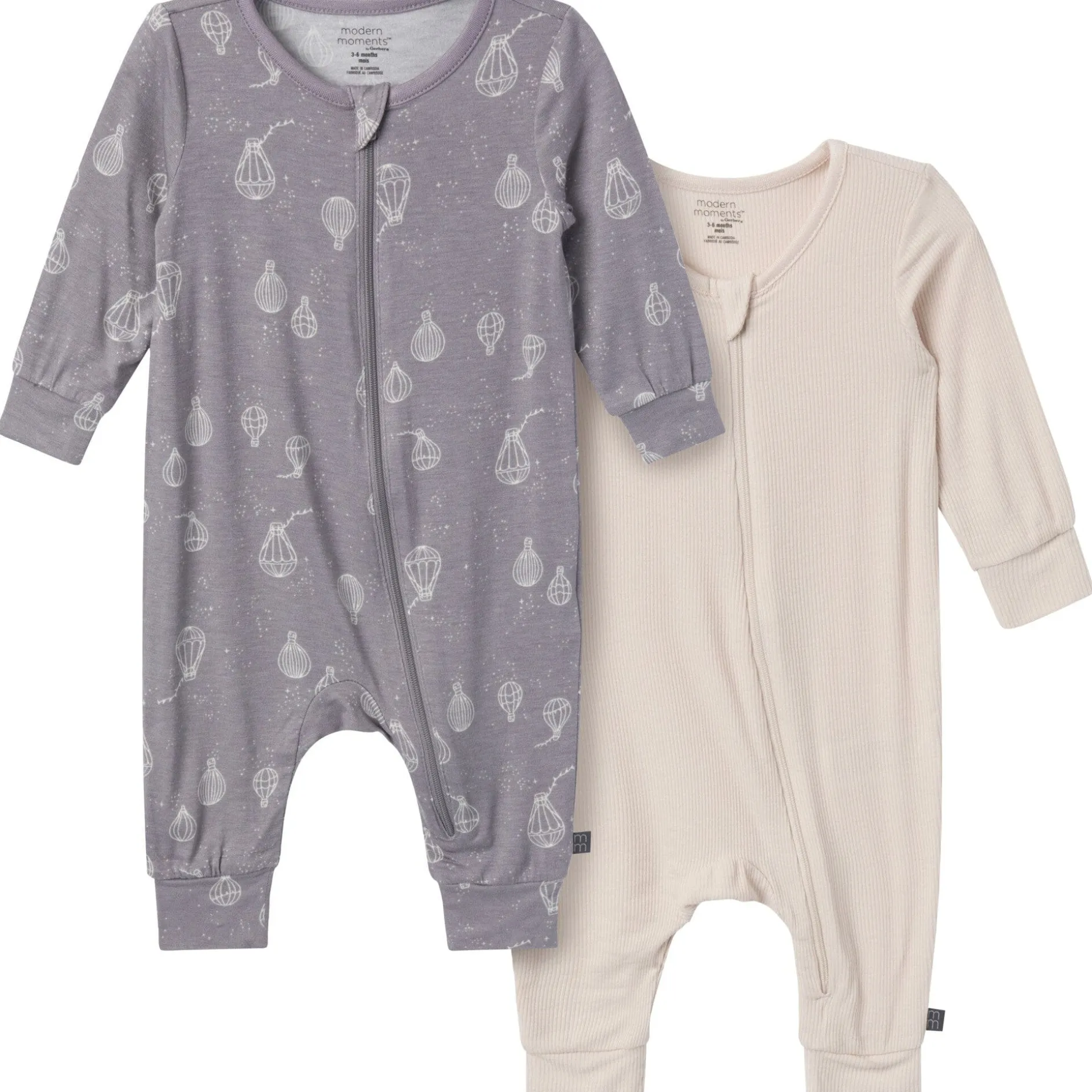 2-Pack Baby Neutral Hot Air Balloon Zip Front Viscose Rompers