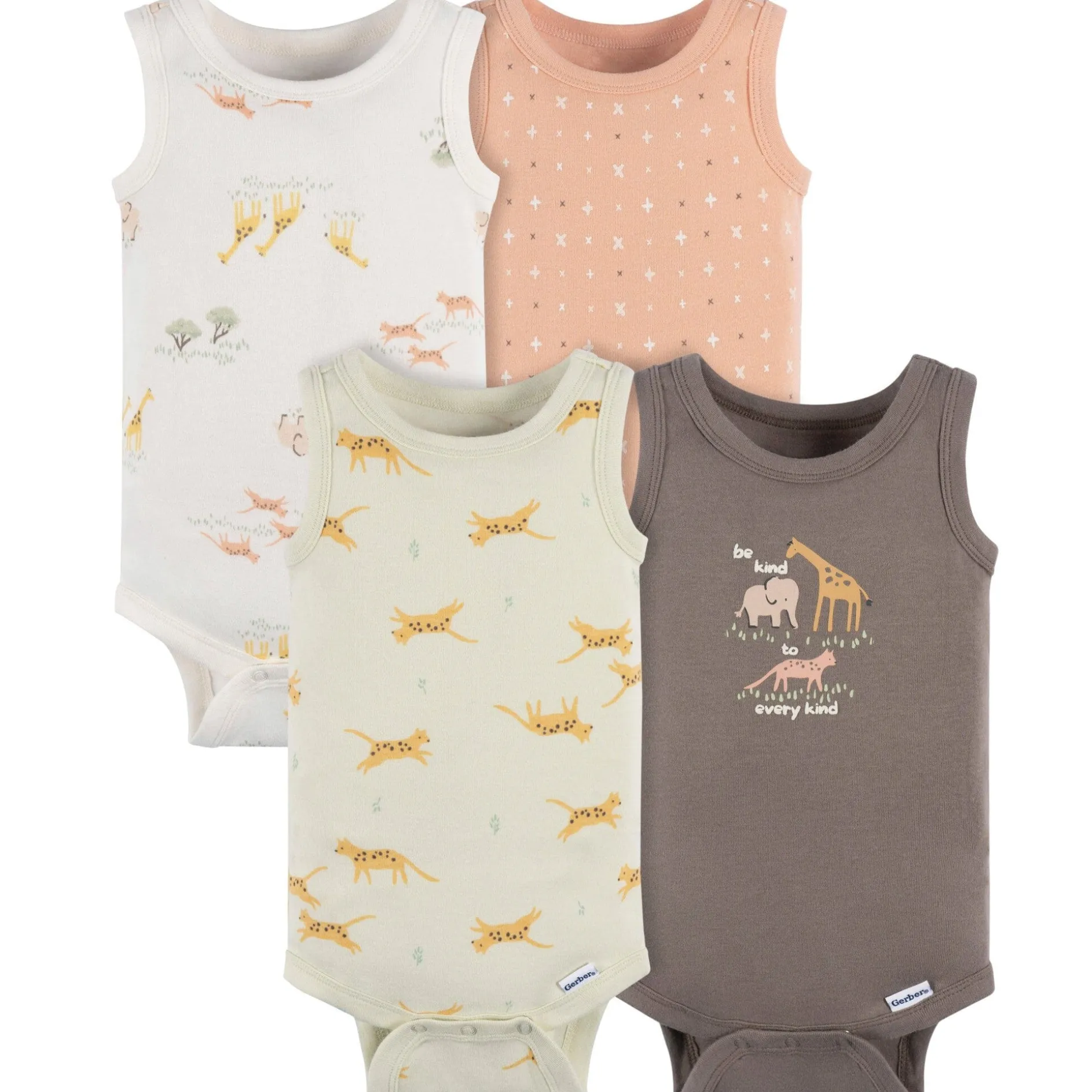 4-Pack Baby Neutral Ivory Safari Sleeveless Onesies® Bodysuits
