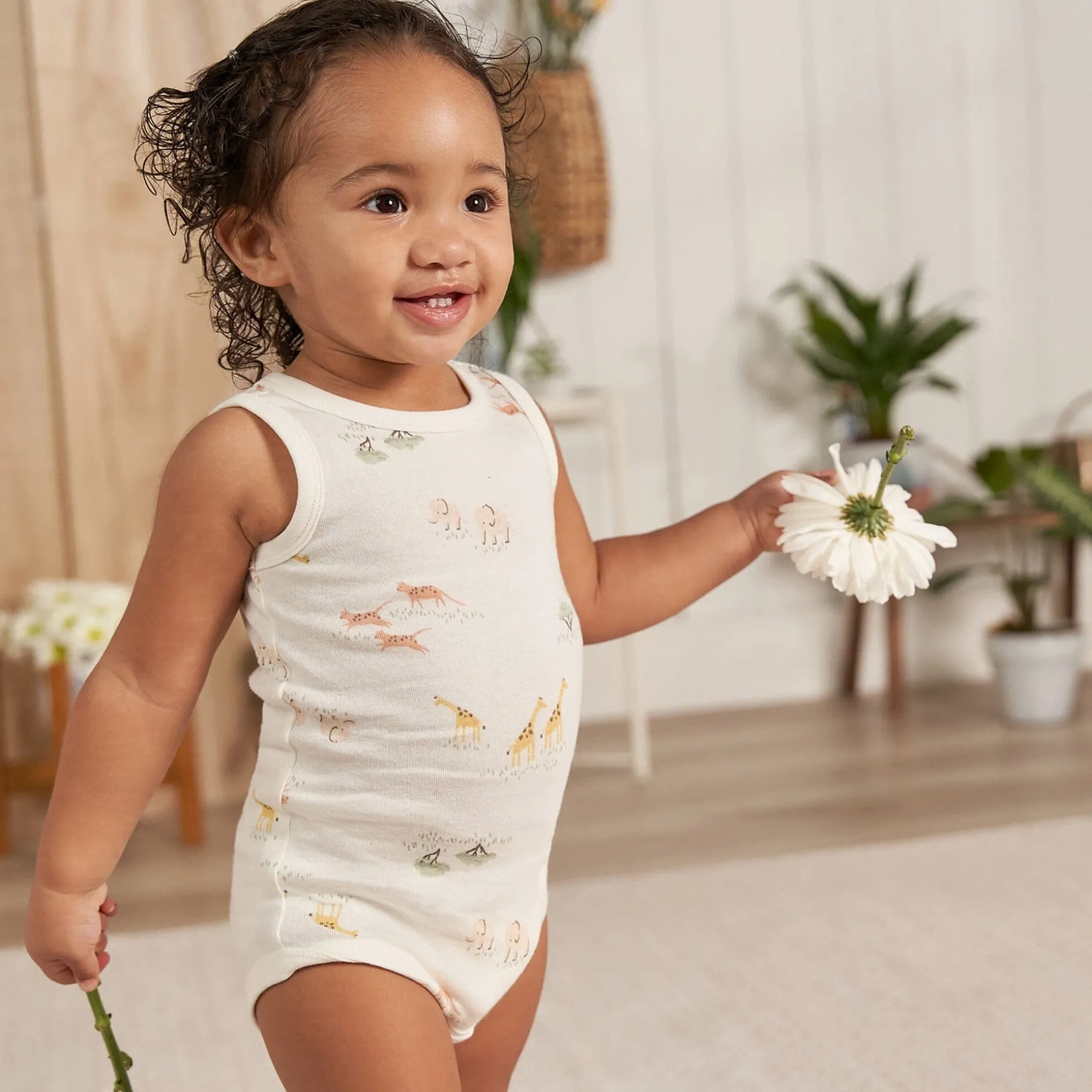 4-Pack Baby Neutral Ivory Safari Sleeveless Onesies® Bodysuits