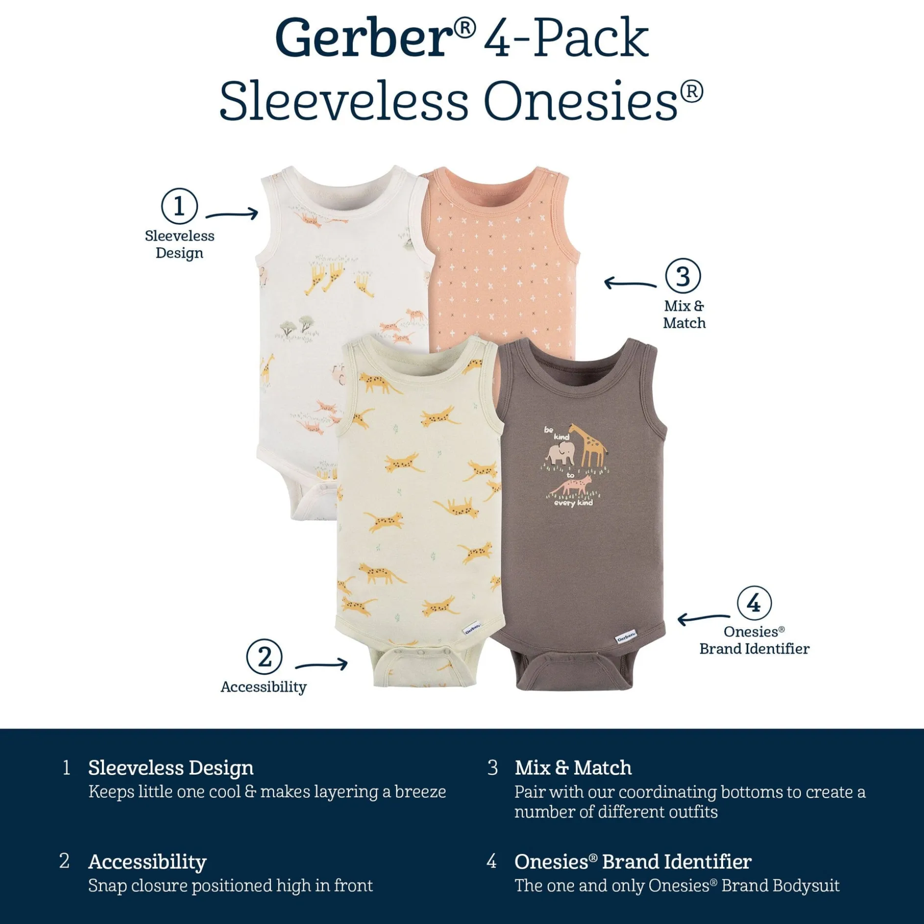 4-Pack Baby Neutral Ivory Safari Sleeveless Onesies® Bodysuits