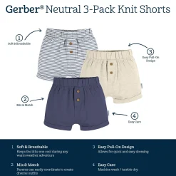 3-Pack Baby Neutral Navy Stripe, Oatmeal, & Navy Knit Shorts