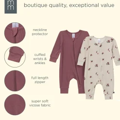 2-Pack Baby Neutral Plums Zip Front Viscose Rompers