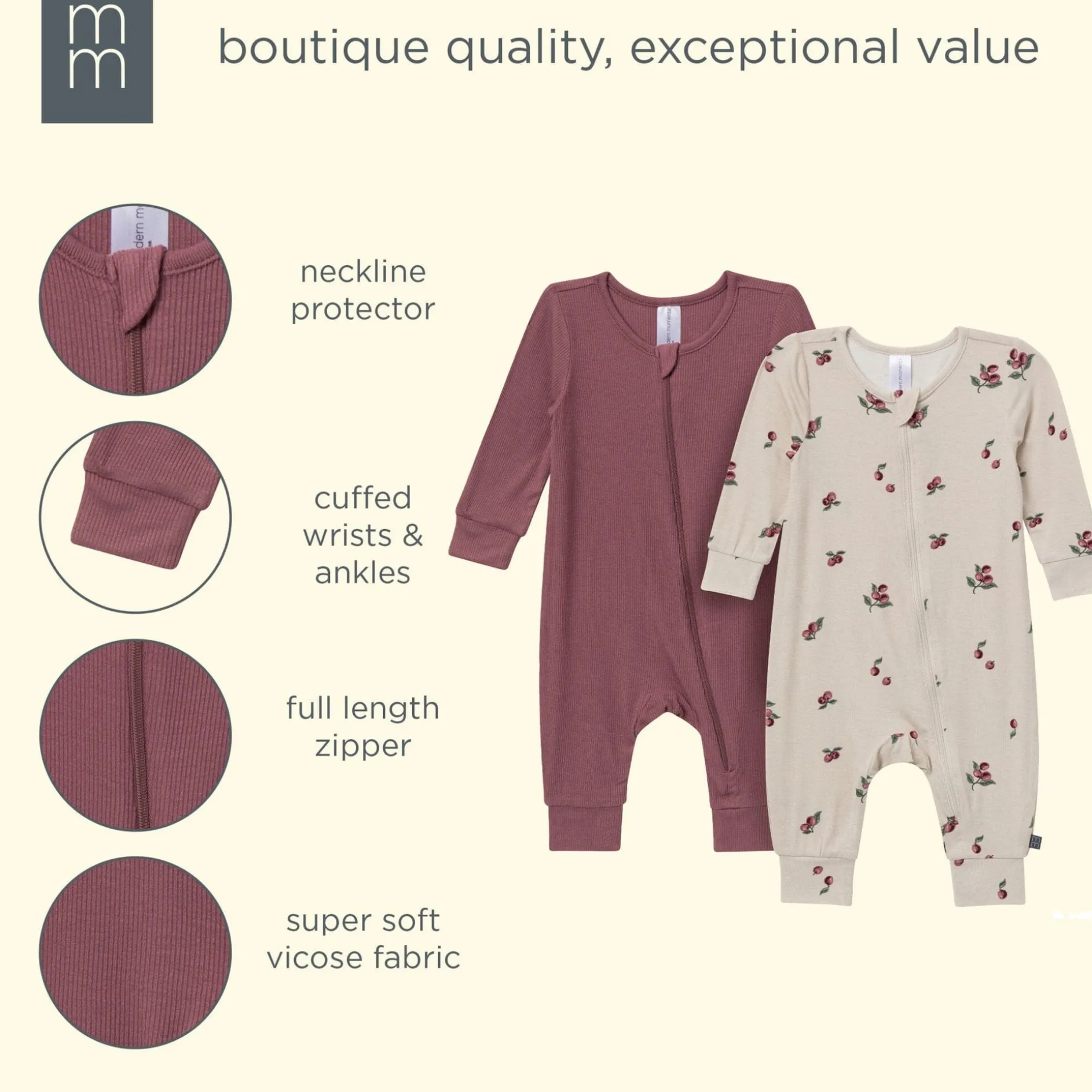 2-Pack Baby Neutral Plums Zip Front Viscose Rompers