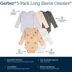 5-Pack Baby Neutral Stars Long Sleeve Bodysuits