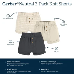 3-Pack Baby Neutral Tan Stripe, Dark Grey Heather, & Black Knit Shorts