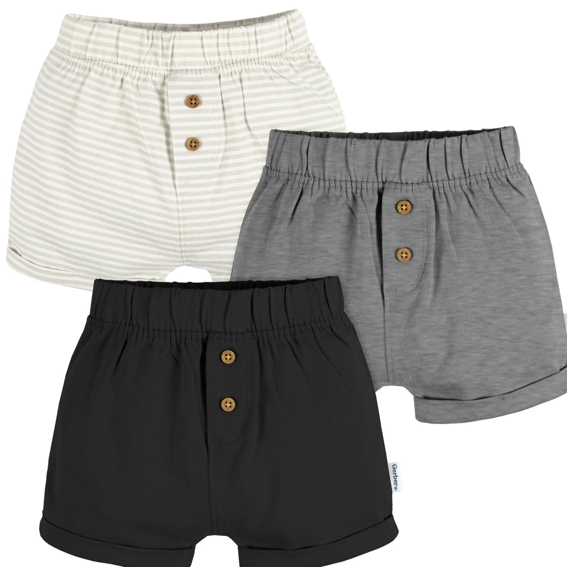 3-Pack Baby Neutral Tan Stripe, Dark Grey Heather, & Black Knit Shorts