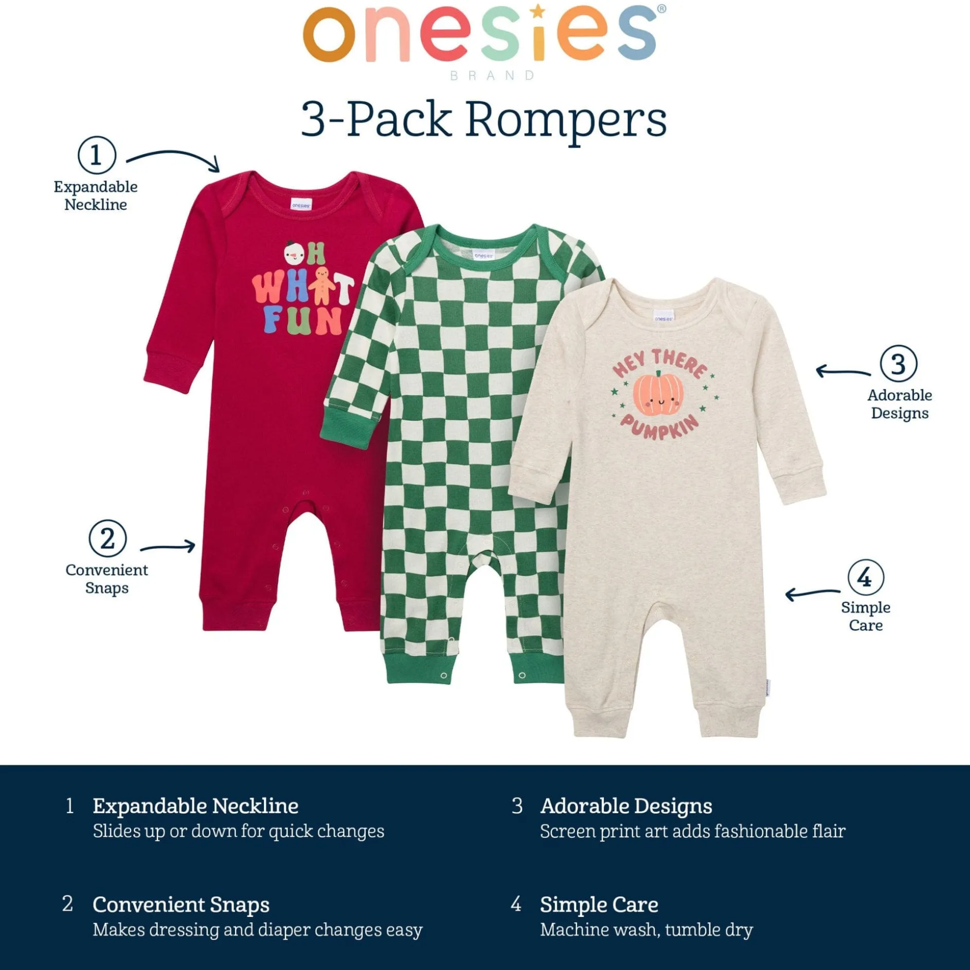 3-Pack Baby Neutral What Fun Pumpkin Lap Shoulder Rompers