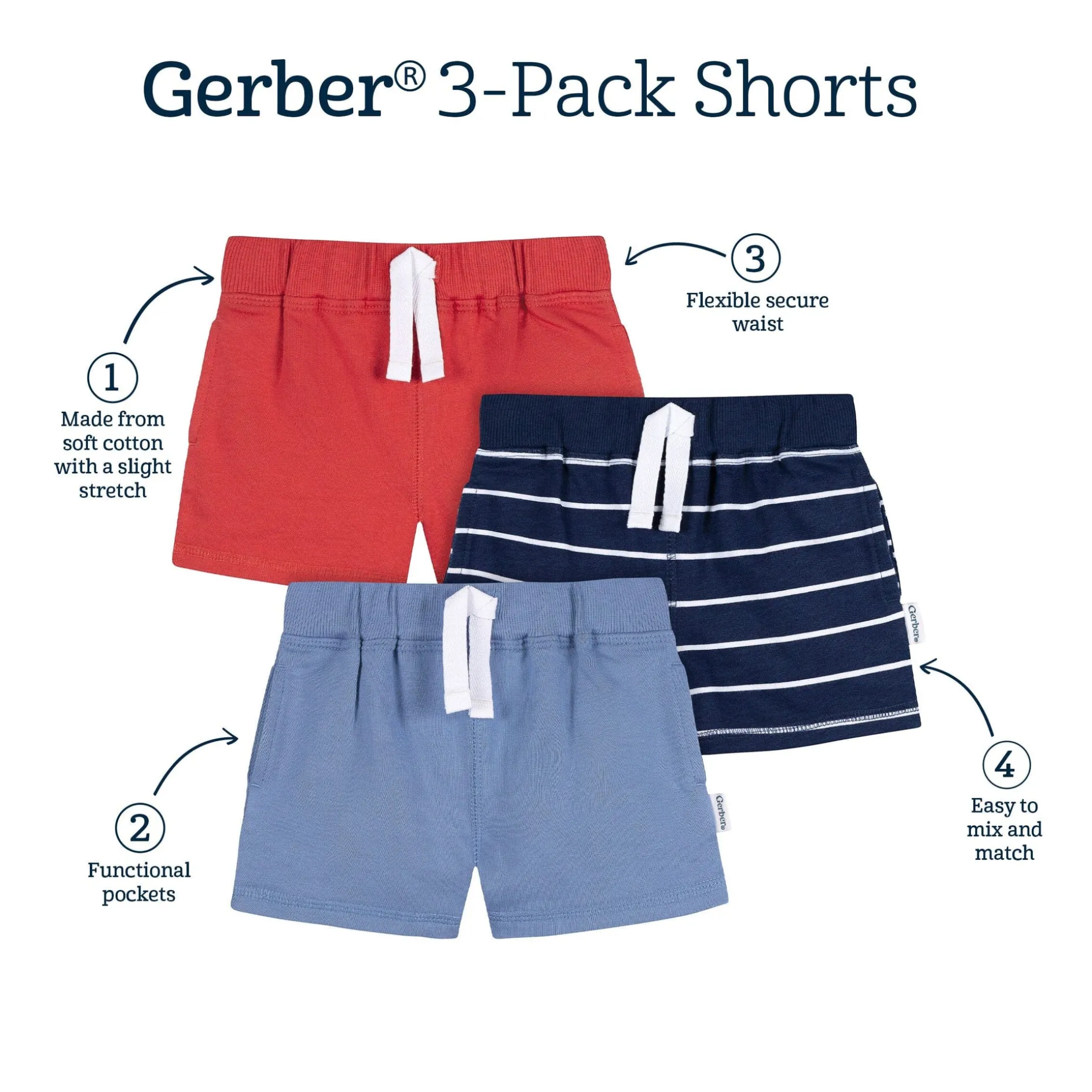 3-Pack Baby & Toddler Boys Blue & Red Knit Shorts