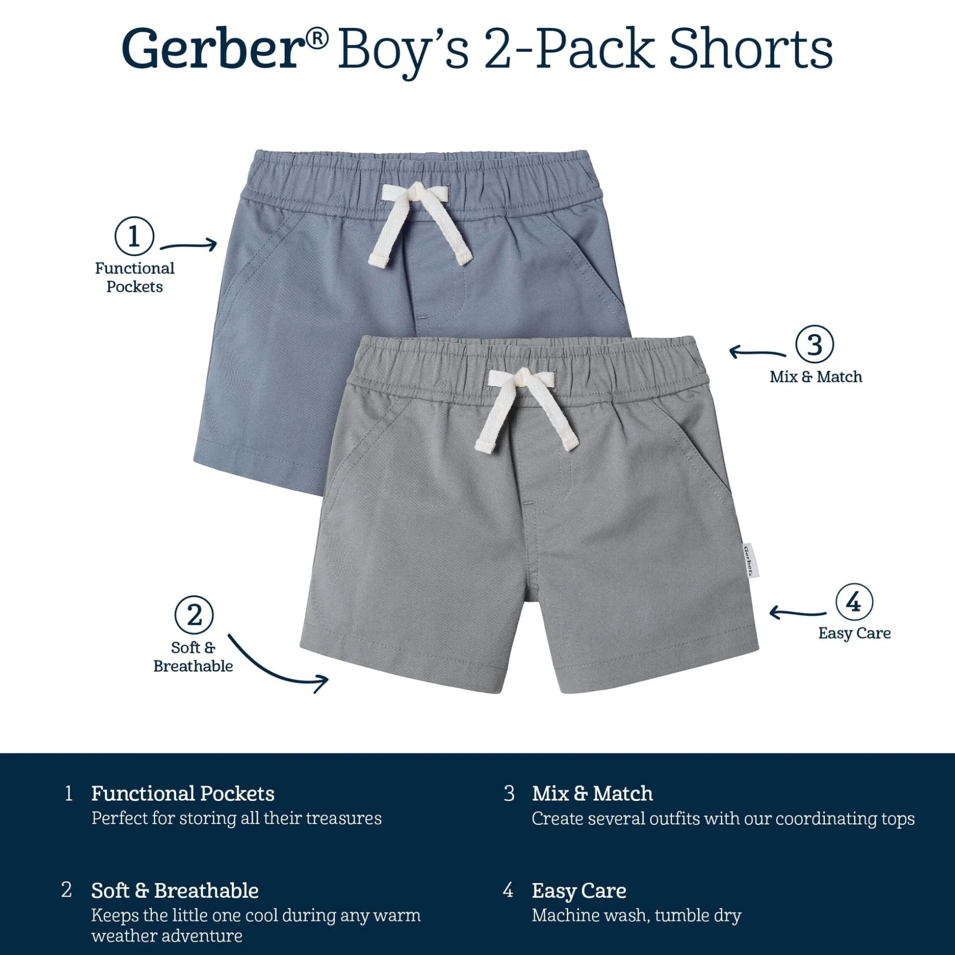 2-Pack Baby & Toddler Boys Grey and Blue Twill Shorts