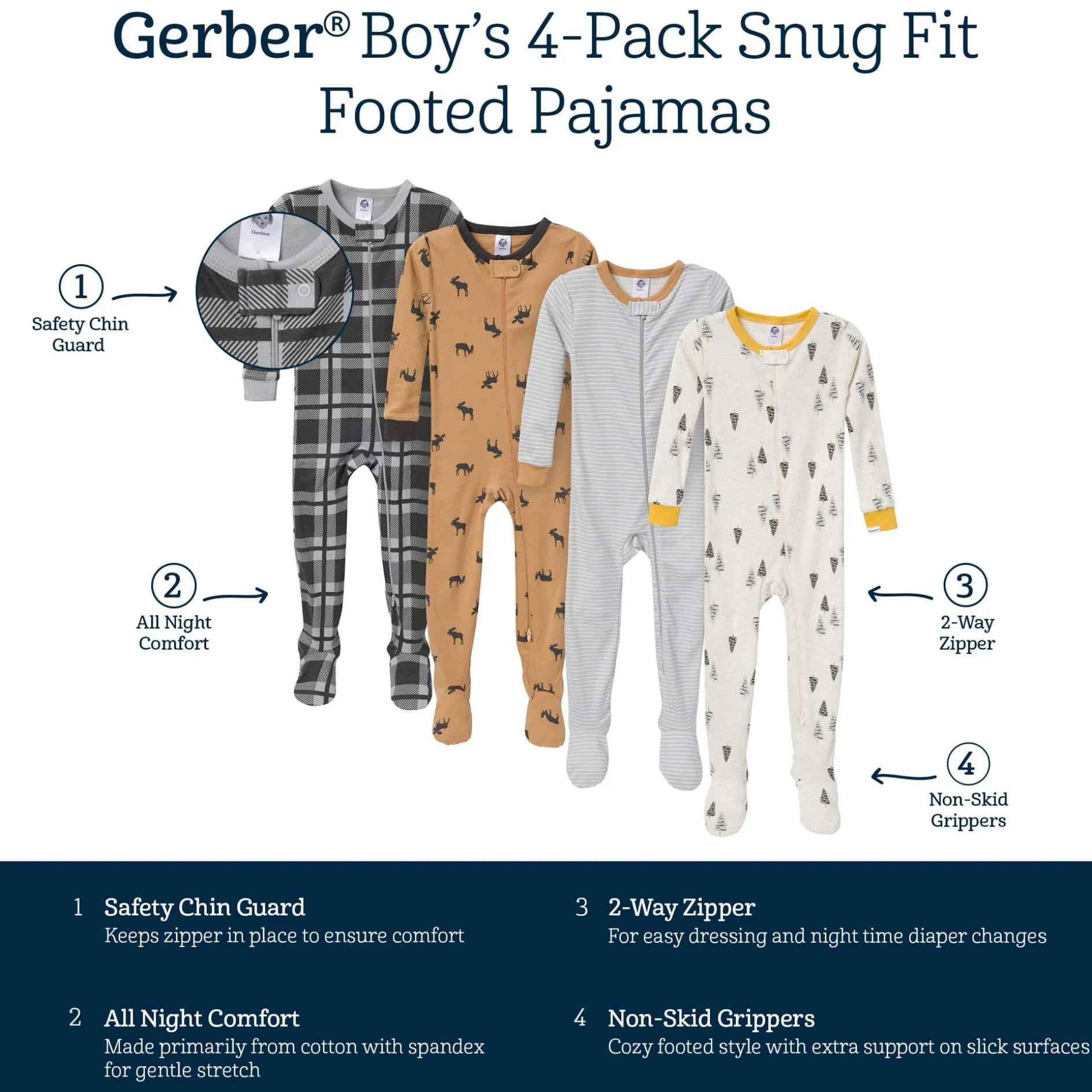4-Pack Baby & Toddler Boys Moose Snug Fit Footed Pajamas