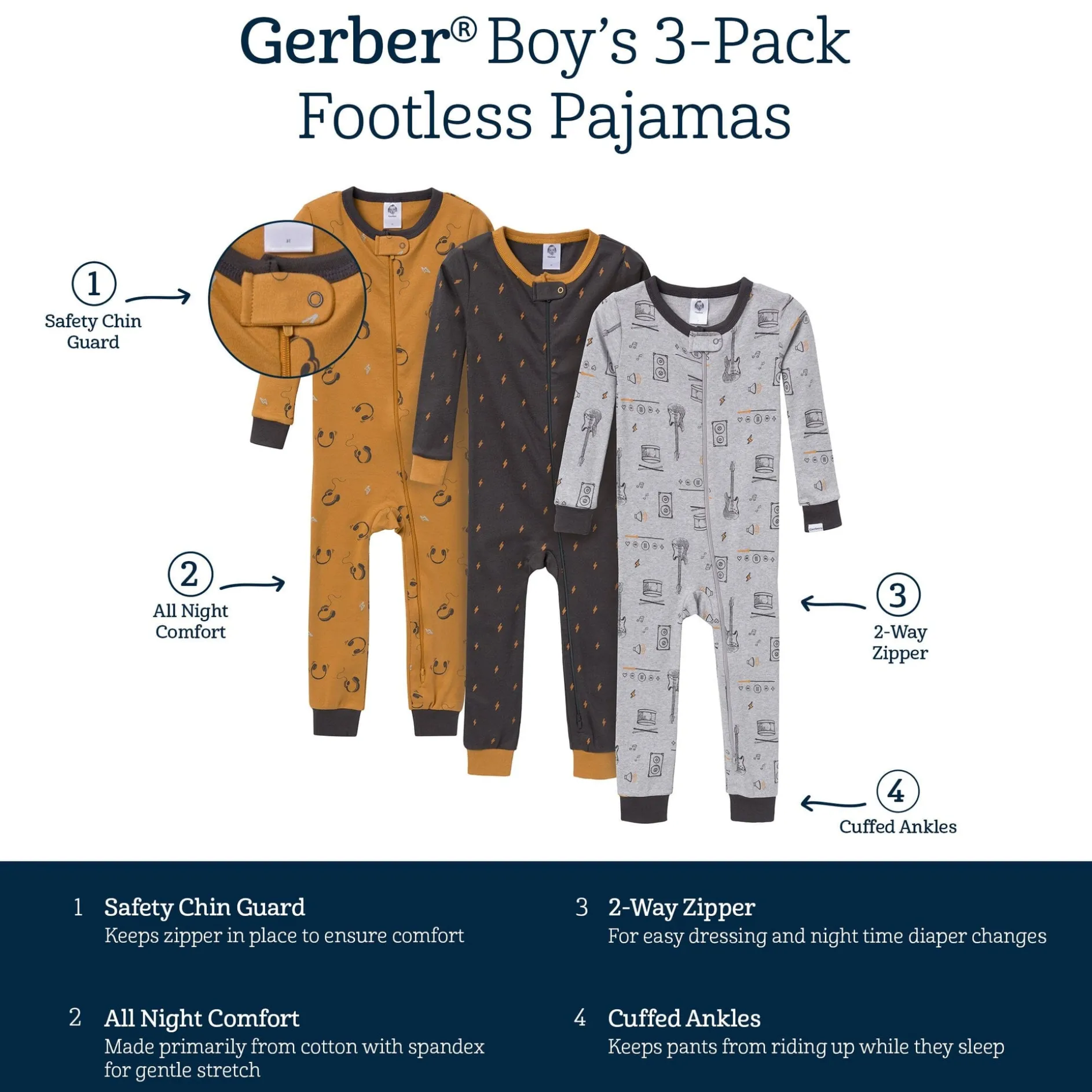 3-Pack Baby & Toddler Boys Music Snug Fit Footless Pajamas