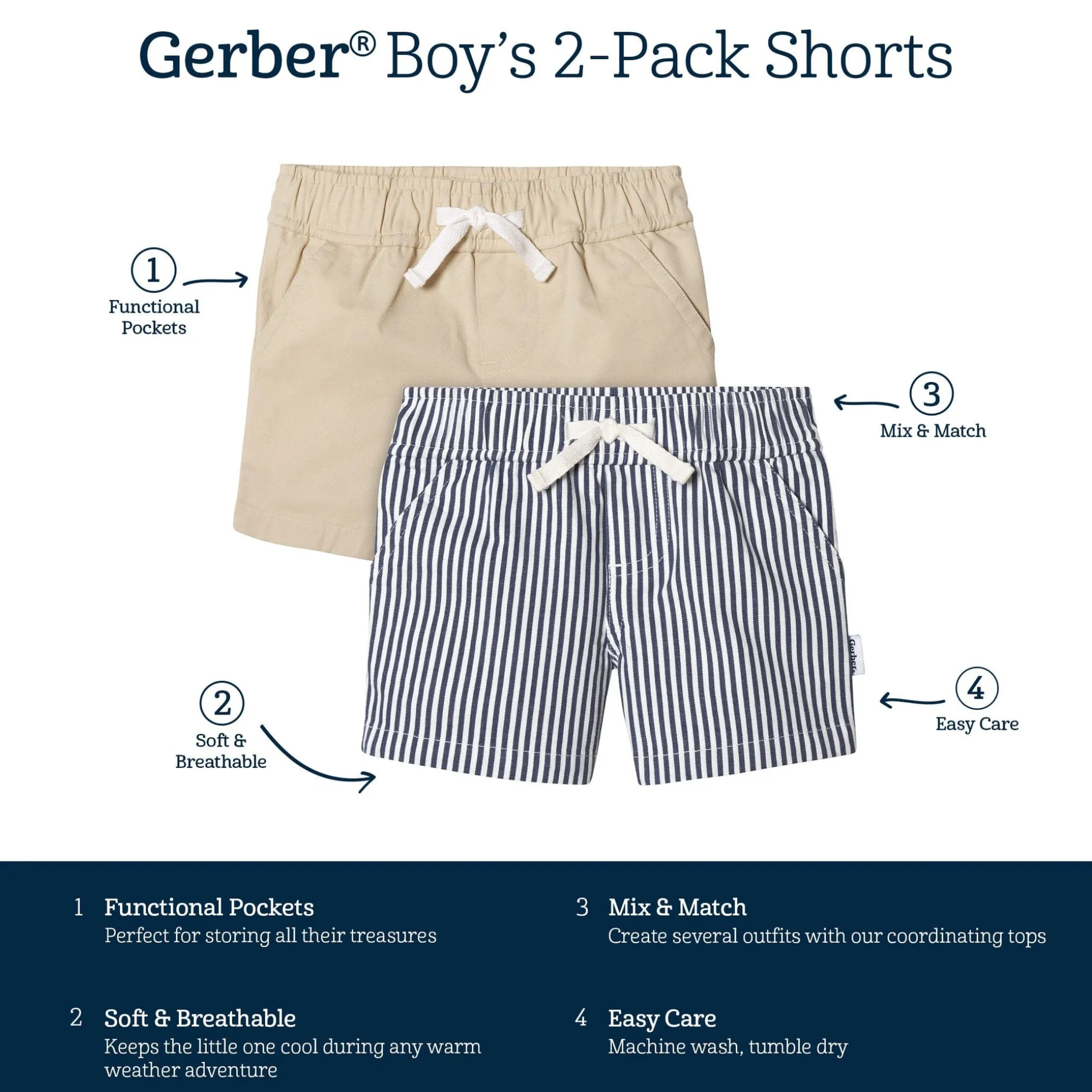 2-Pack Baby & Toddler Boys Navy Stripe and Khaki Twill Shorts
