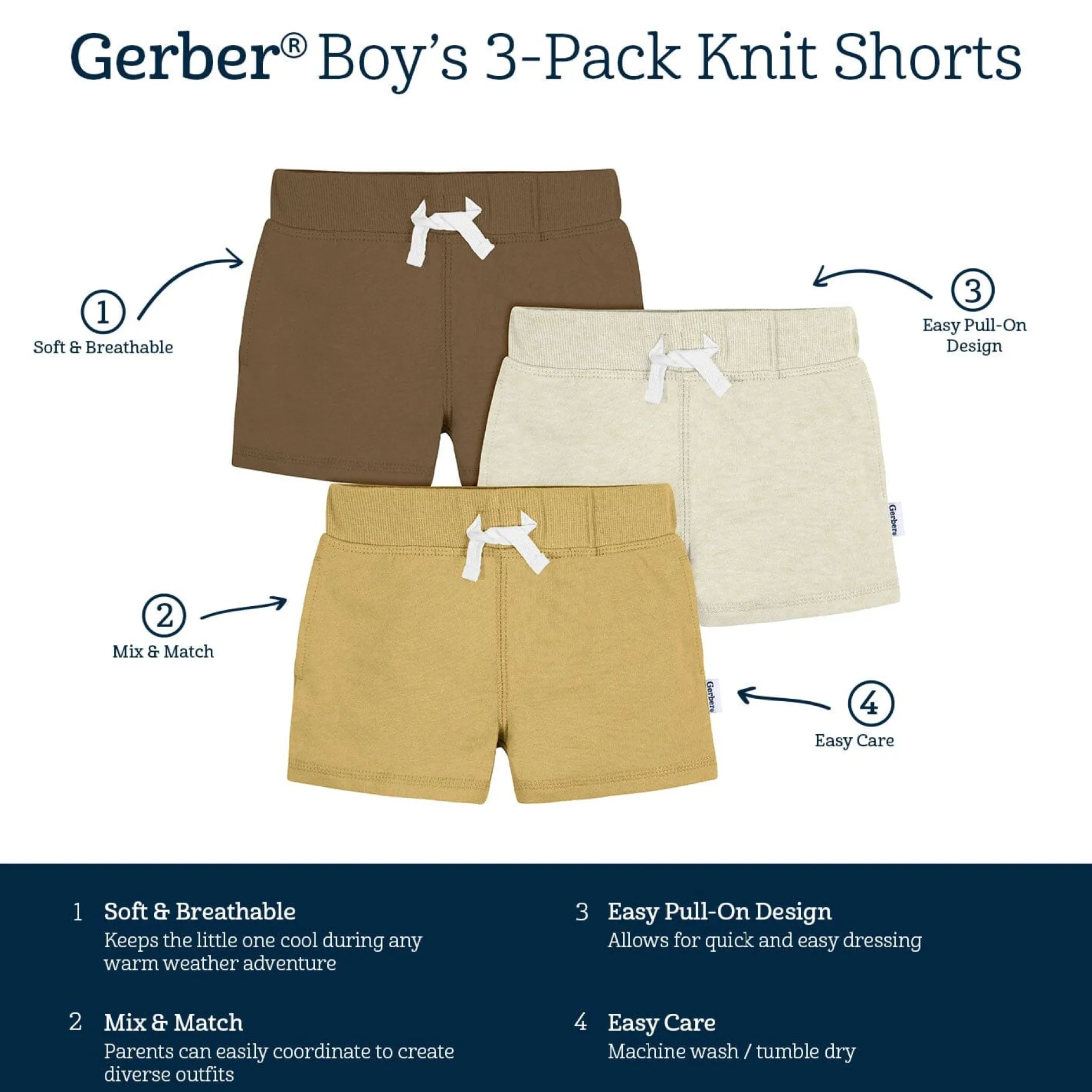 3-Pack Baby & Toddler Boys Neutrals Knit Shorts