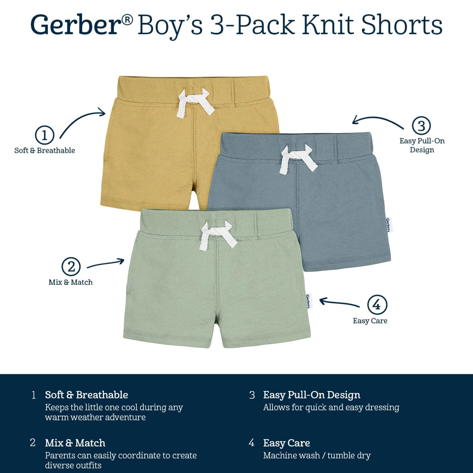 3-Pack Baby & Toddler Boys Tan, Blue, & Green Knit Shorts