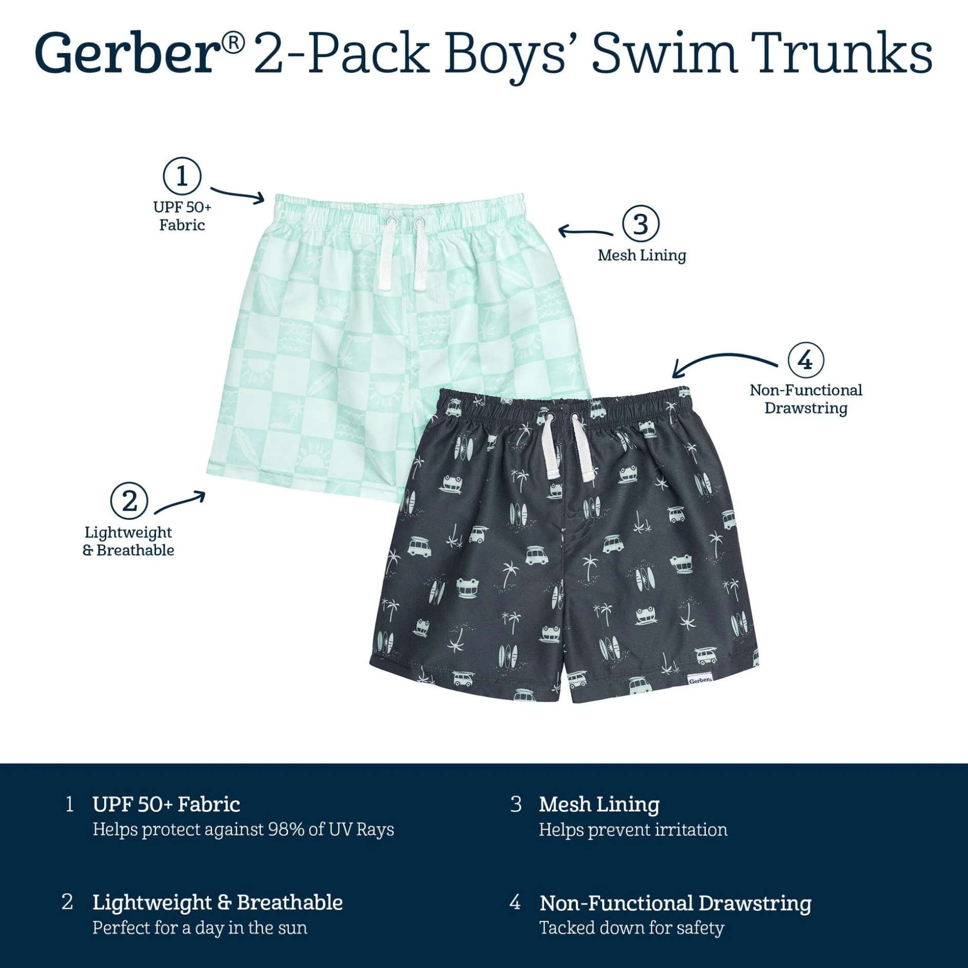 2-Pack Baby & Toddler Boys UPF 50+ Surf Swim Trunks