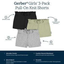 3-Pack Baby & Toddler Girls Black, Green, & Grey Heather Pull-On Knit Shorts