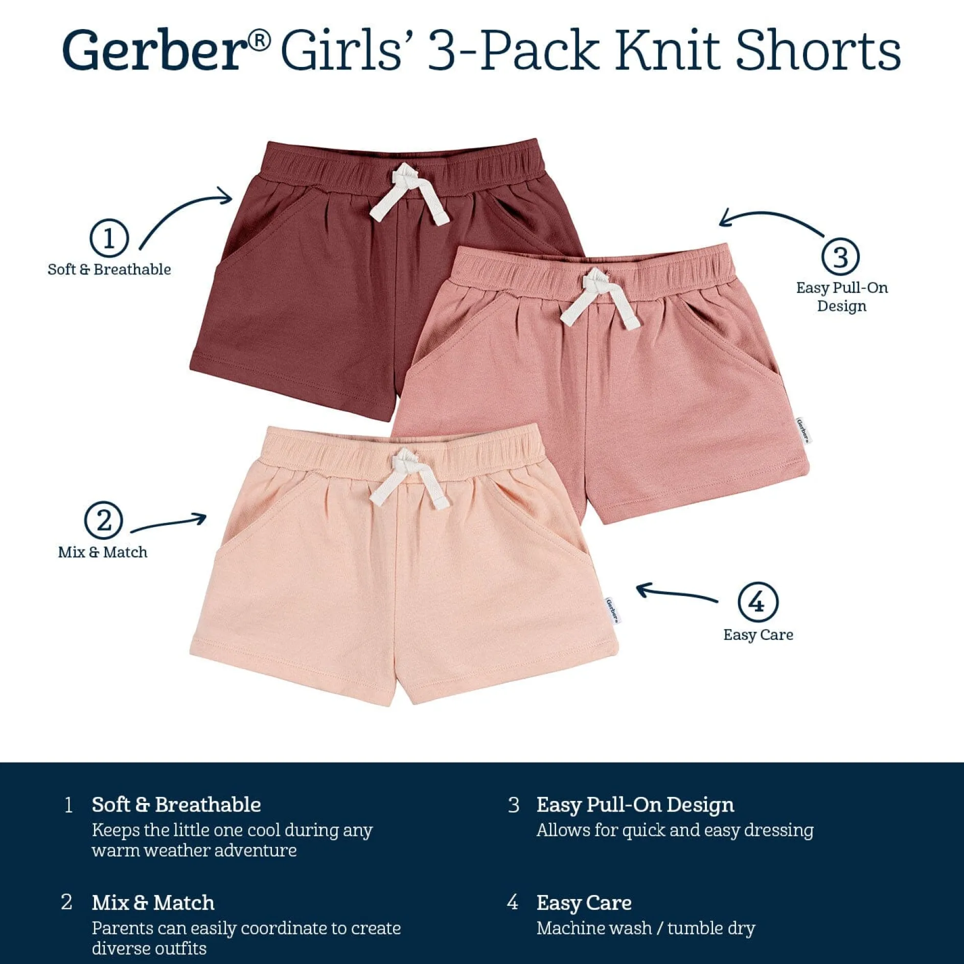 3-Pack Baby & Toddler Girls Dusty Pinks Knit Shorts