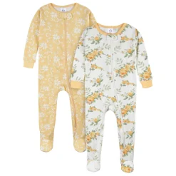 2-Pack Baby & Toddler Girls Golden Flowers Snug Fit Footed Cotton Pajamas