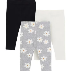 3-Pack Baby & Toddler Girls Gray Flowers, Cream and Black Ribbed Leggings