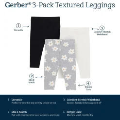 3-Pack Baby & Toddler Girls Gray Flowers, Cream and Black Ribbed Leggings