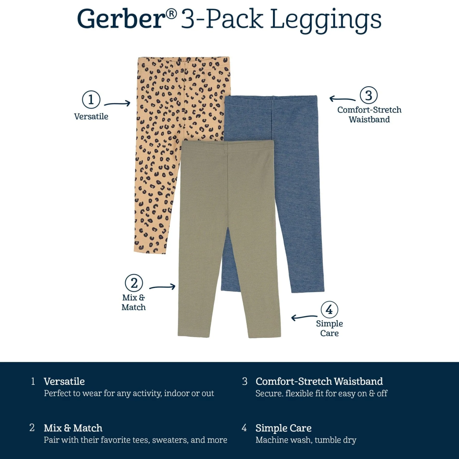 3-Pack Baby & Toddler Girls Green, Leopard Print and Blue Leggings