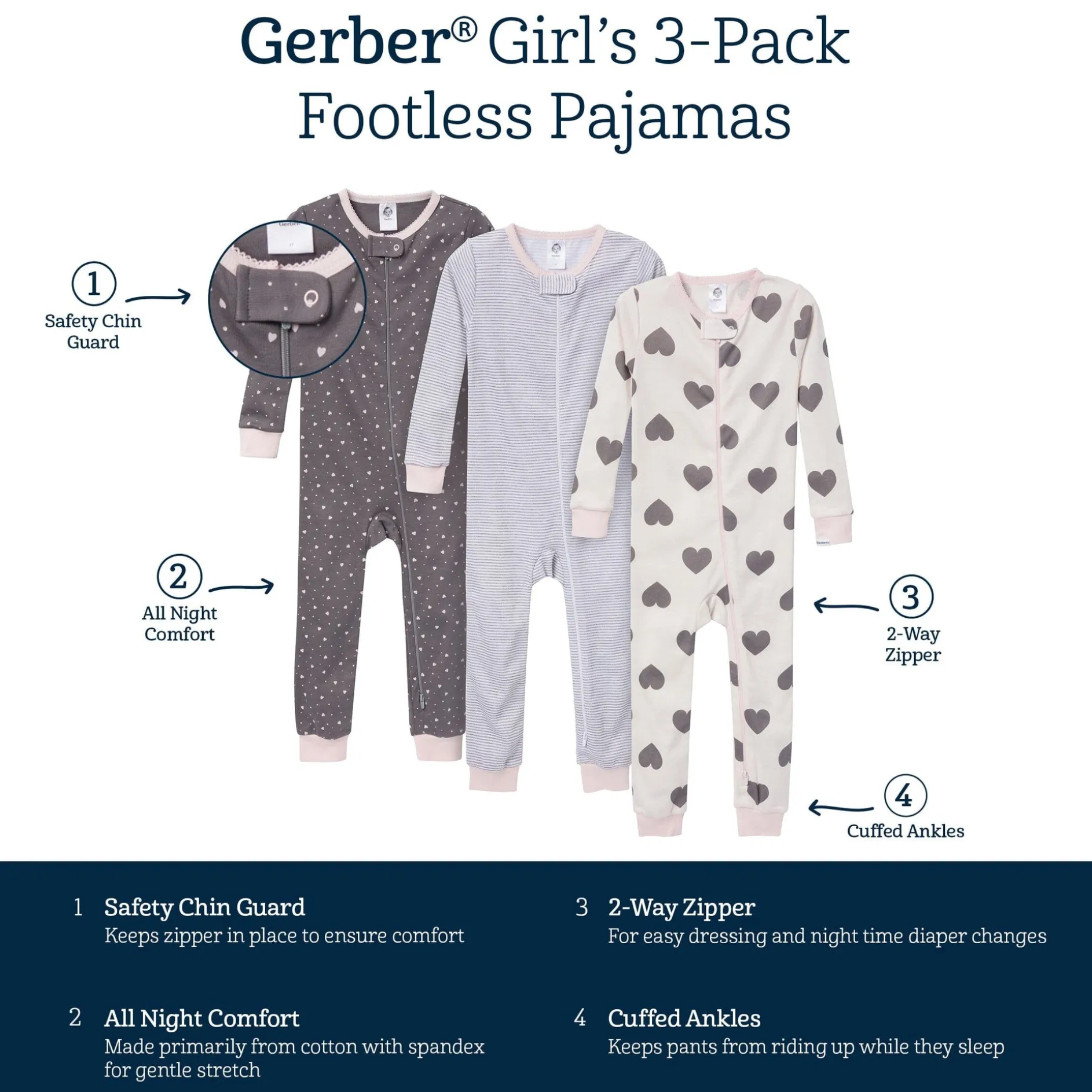 3-Pack Baby & Toddler Girls Hearts Snug Fit Footless Pajamas