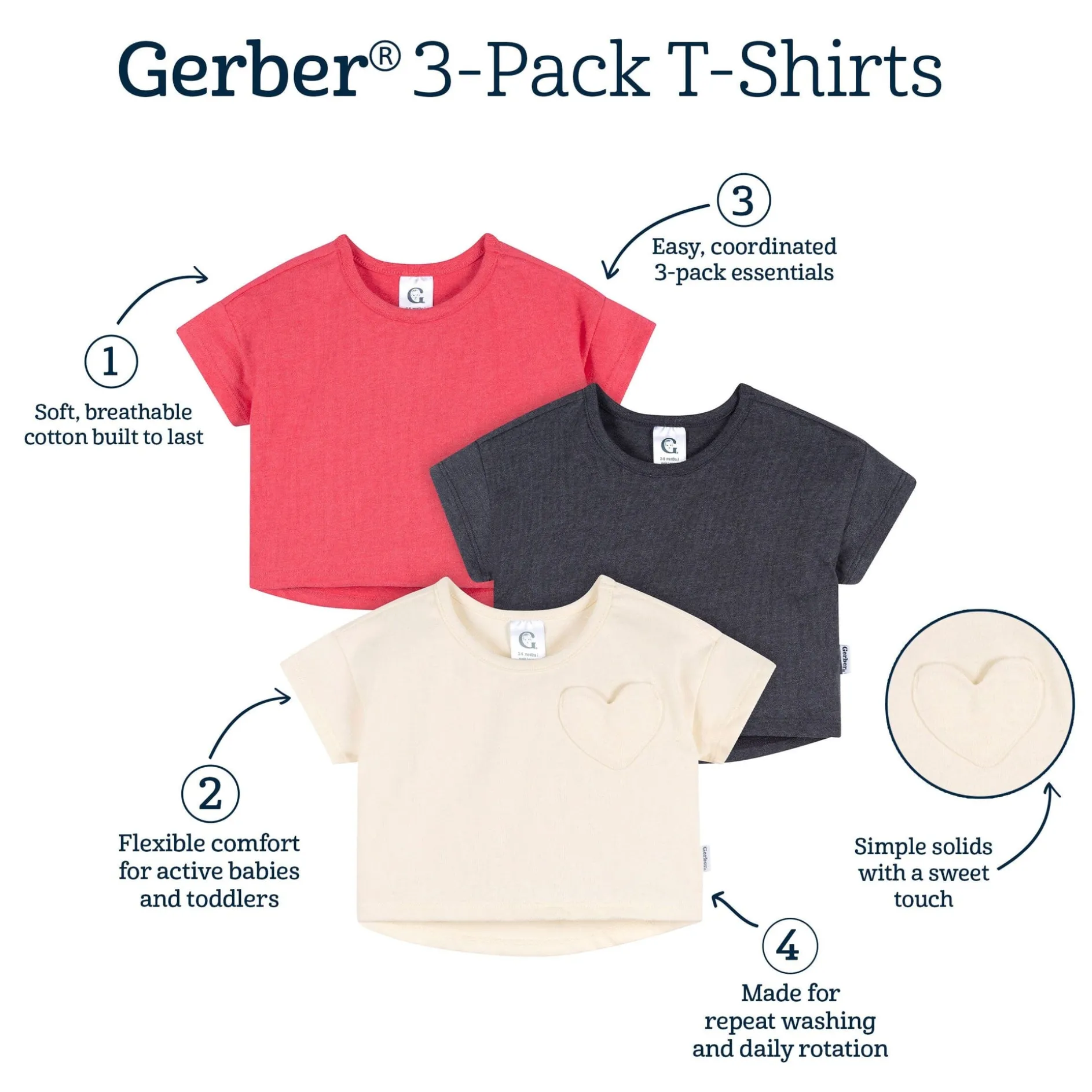 3-Pack Baby & Toddler Girls Ivory, Black, and Pink Short Sleeve Shirts