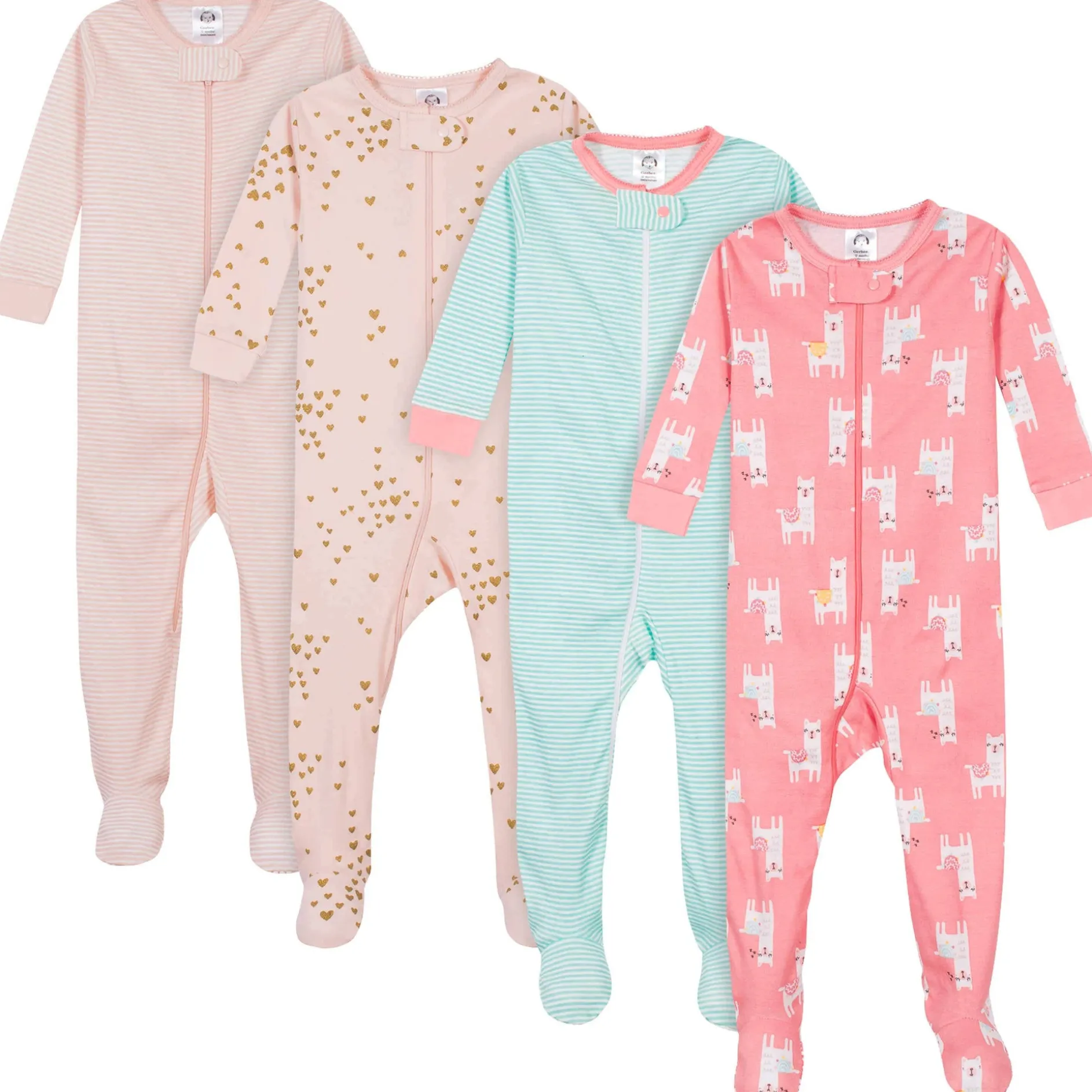 4-Pack Baby & Toddler Girls Llamas & Love Snug Fit Footed Cotton Pajamas